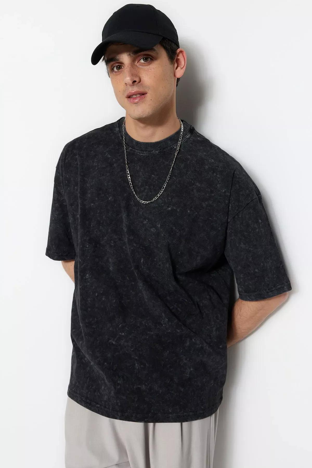 Black Crew Neck Oversize T-Shirt, , large image number 0