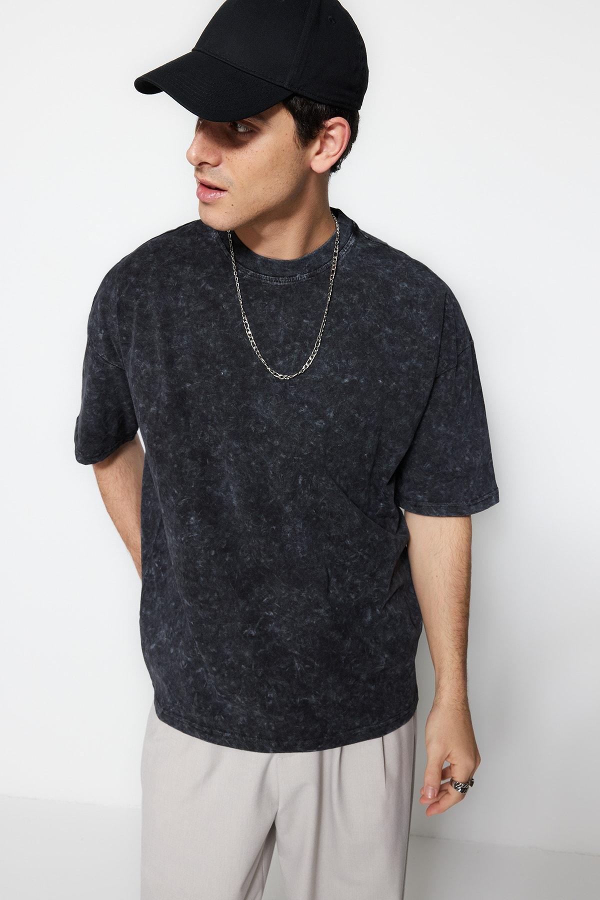 Black Crew Neck Oversize T-Shirt, , large image number 1