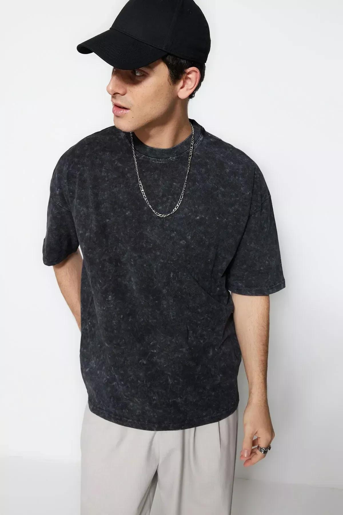 Black Crew Neck Oversize T-Shirt, , large image number 1