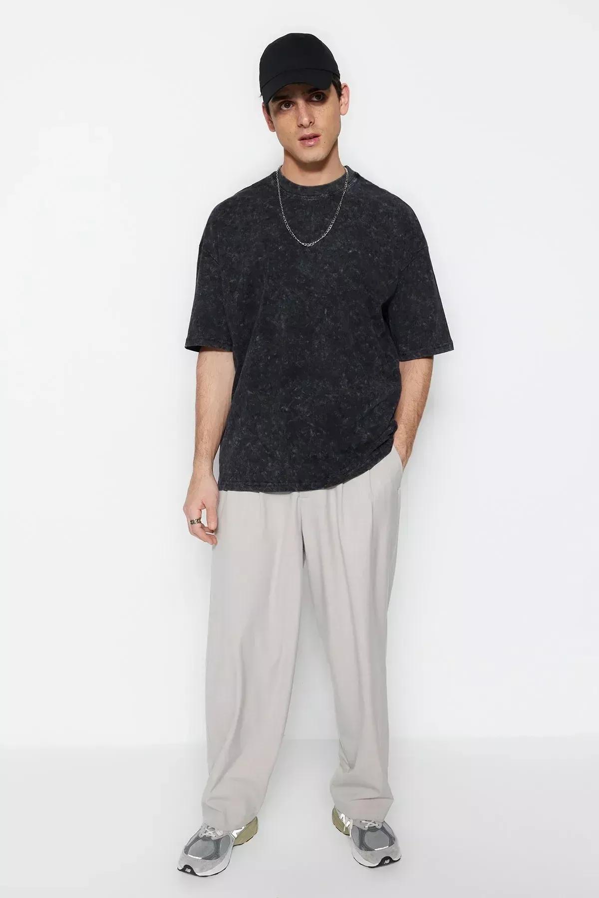 Black Crew Neck Oversize T-Shirt, , large image number 4