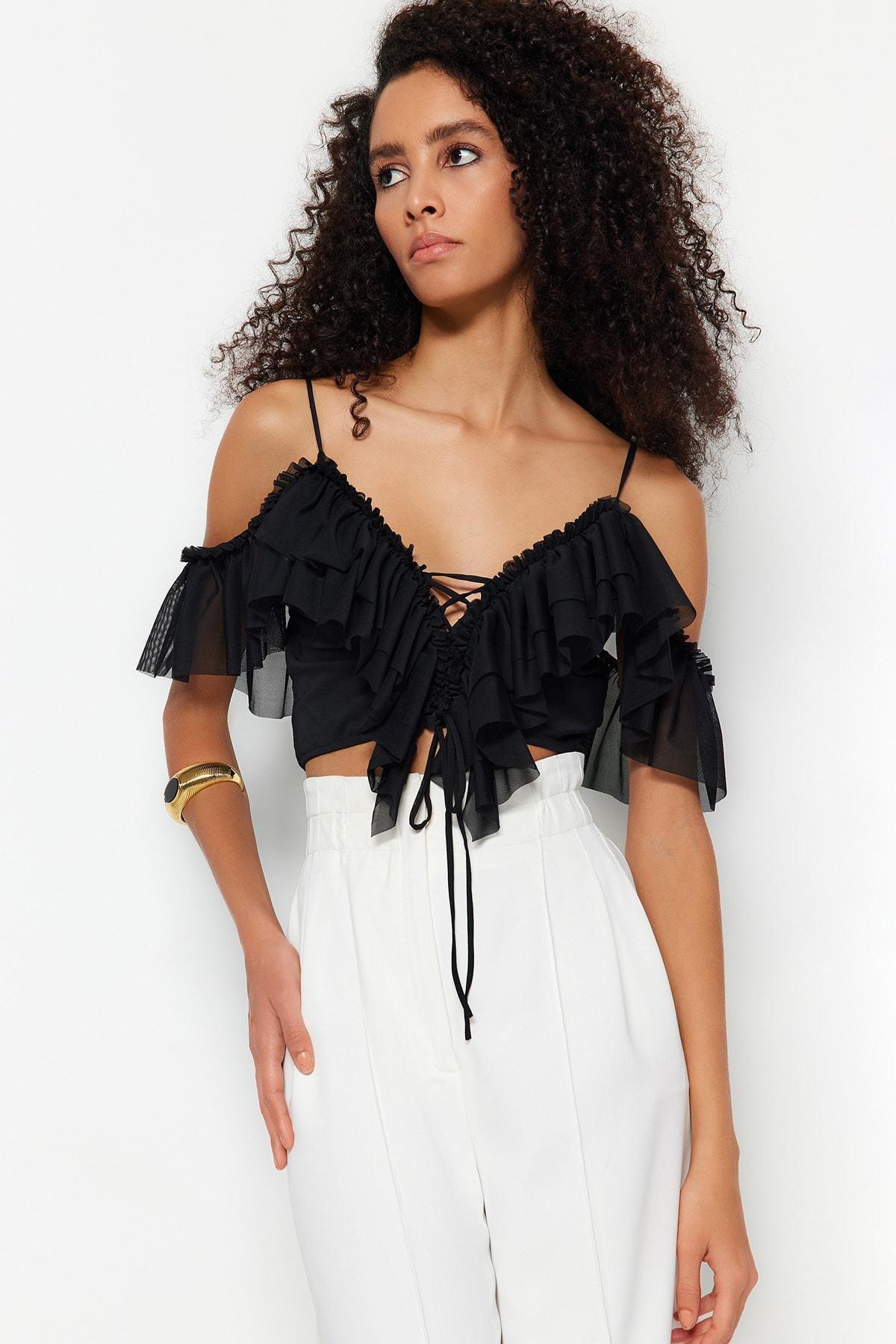 Black V-Neck Fitted Blouse, , large image number 0