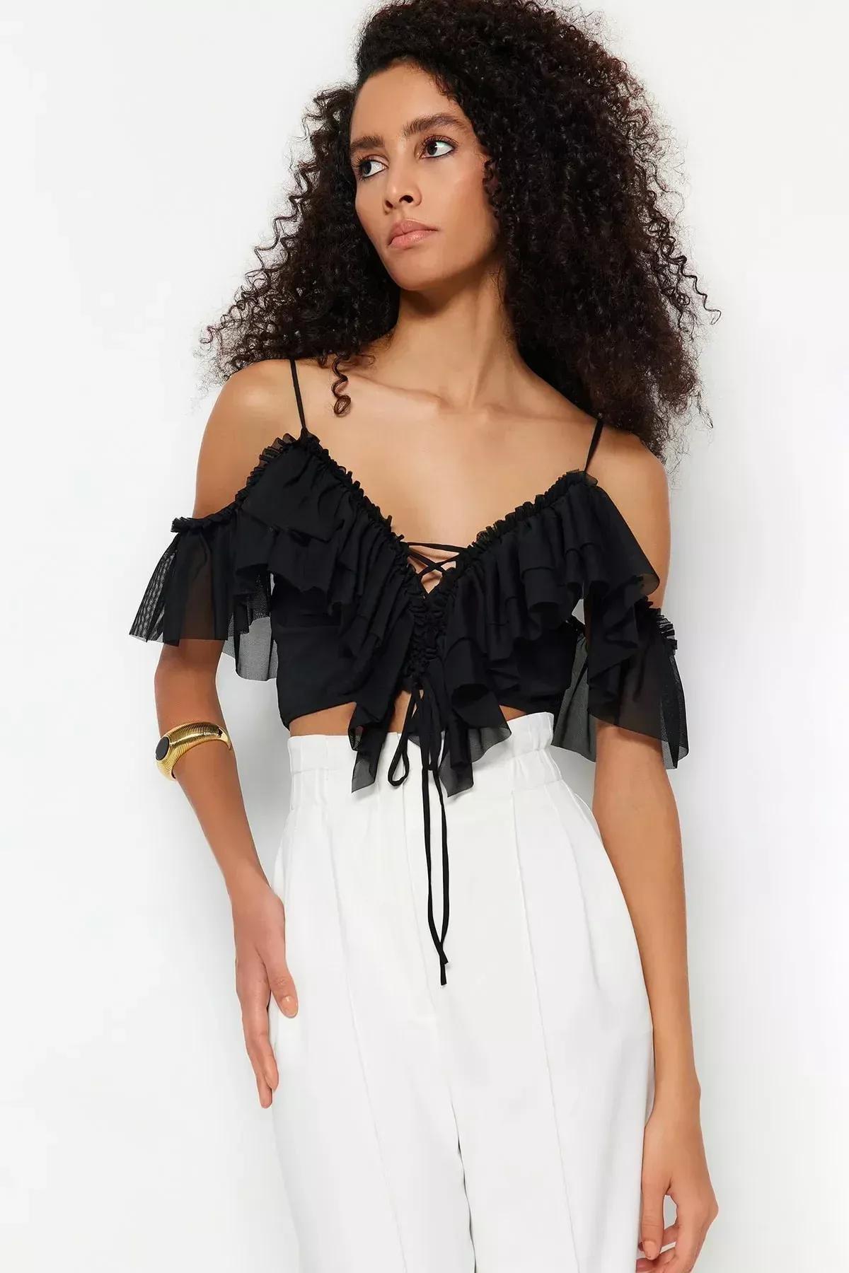 Black V-Neck Fitted Blouse, , large image number 0
