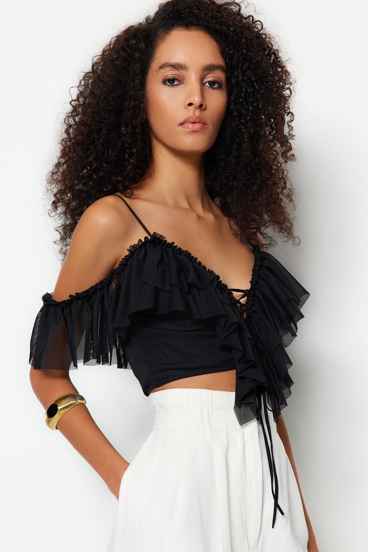 Black V-Neck Fitted Blouse, , large image number 1