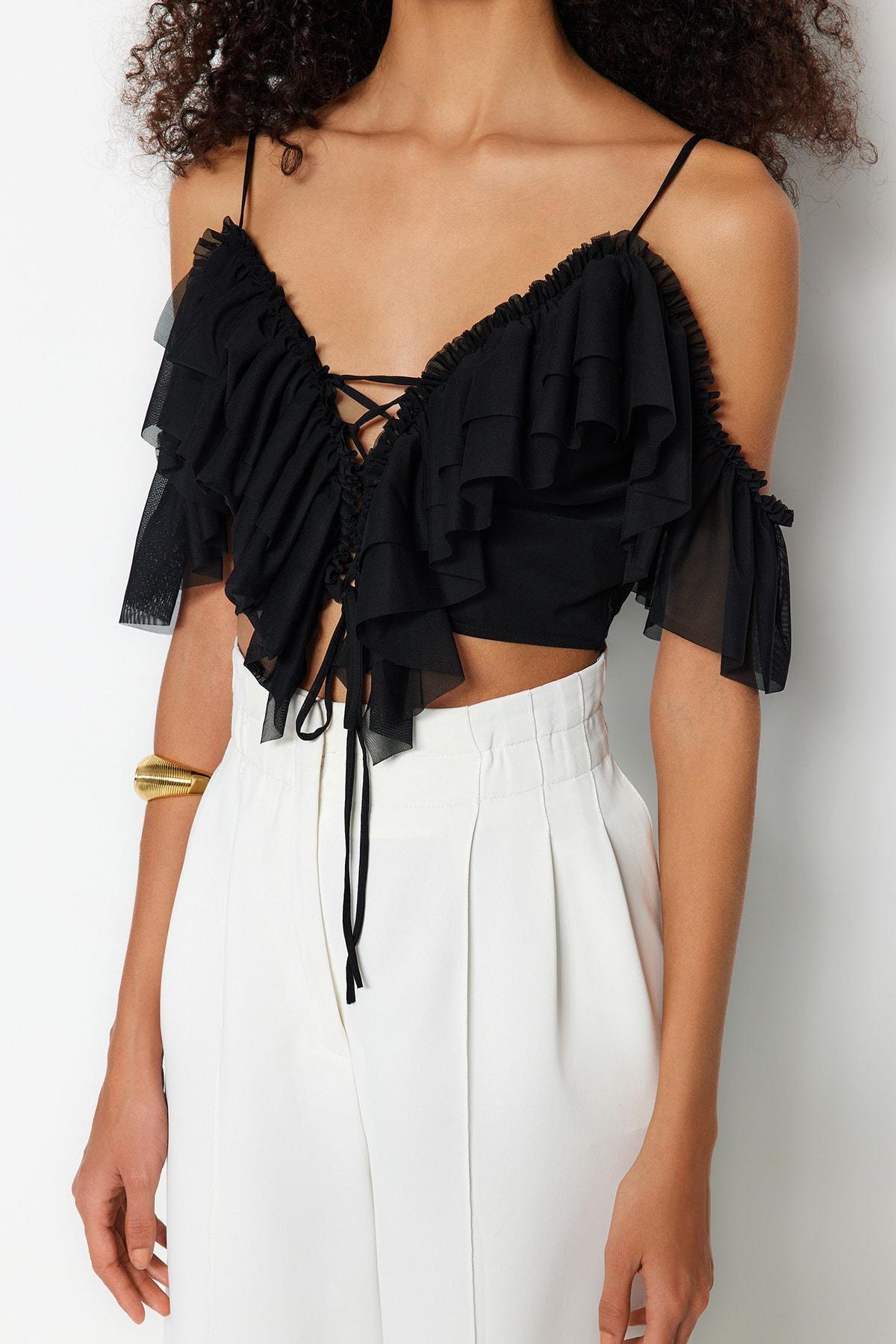 Black V-Neck Fitted Blouse, , large image number 3