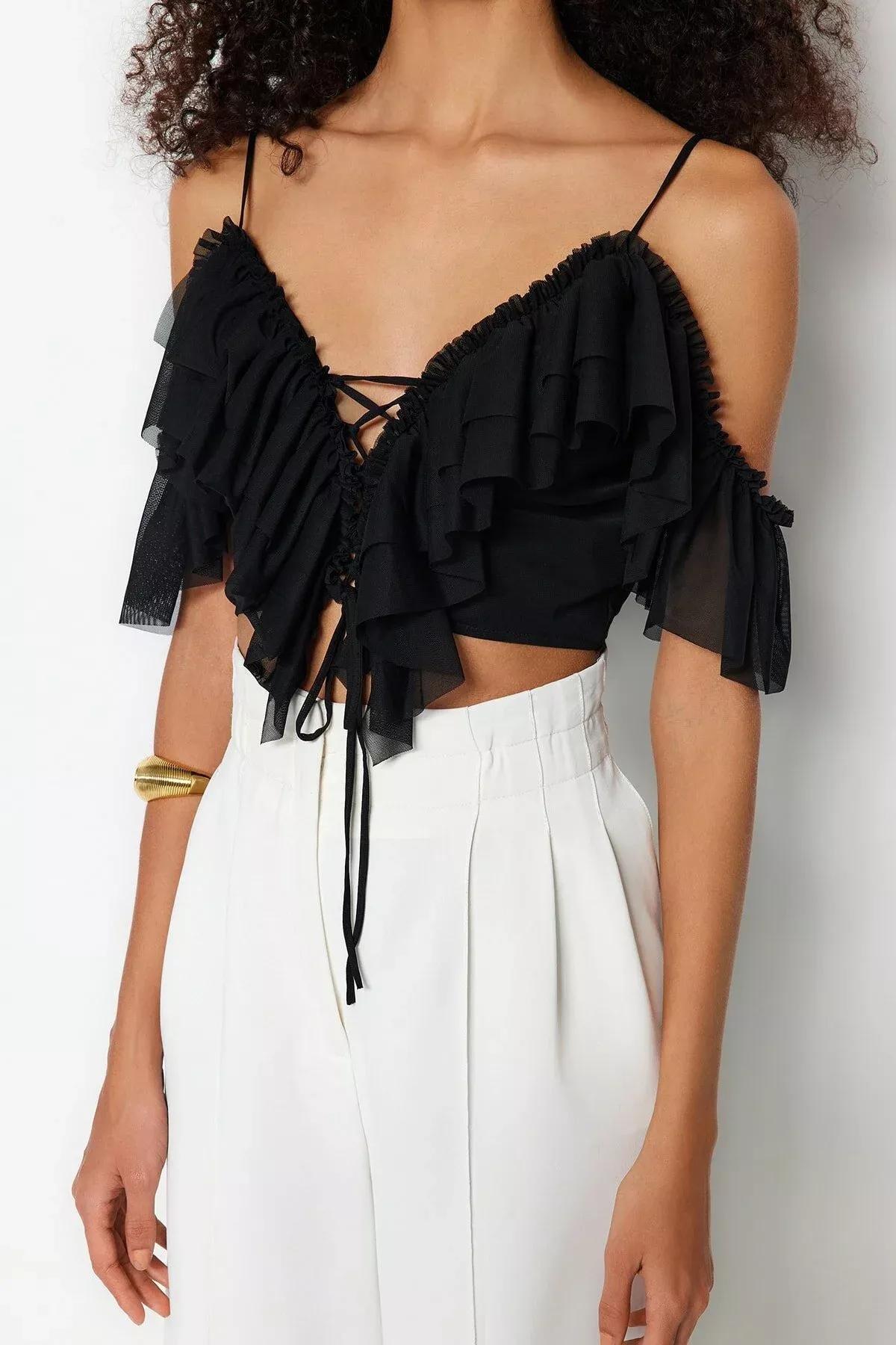 Black V-Neck Fitted Blouse, , large image number 3