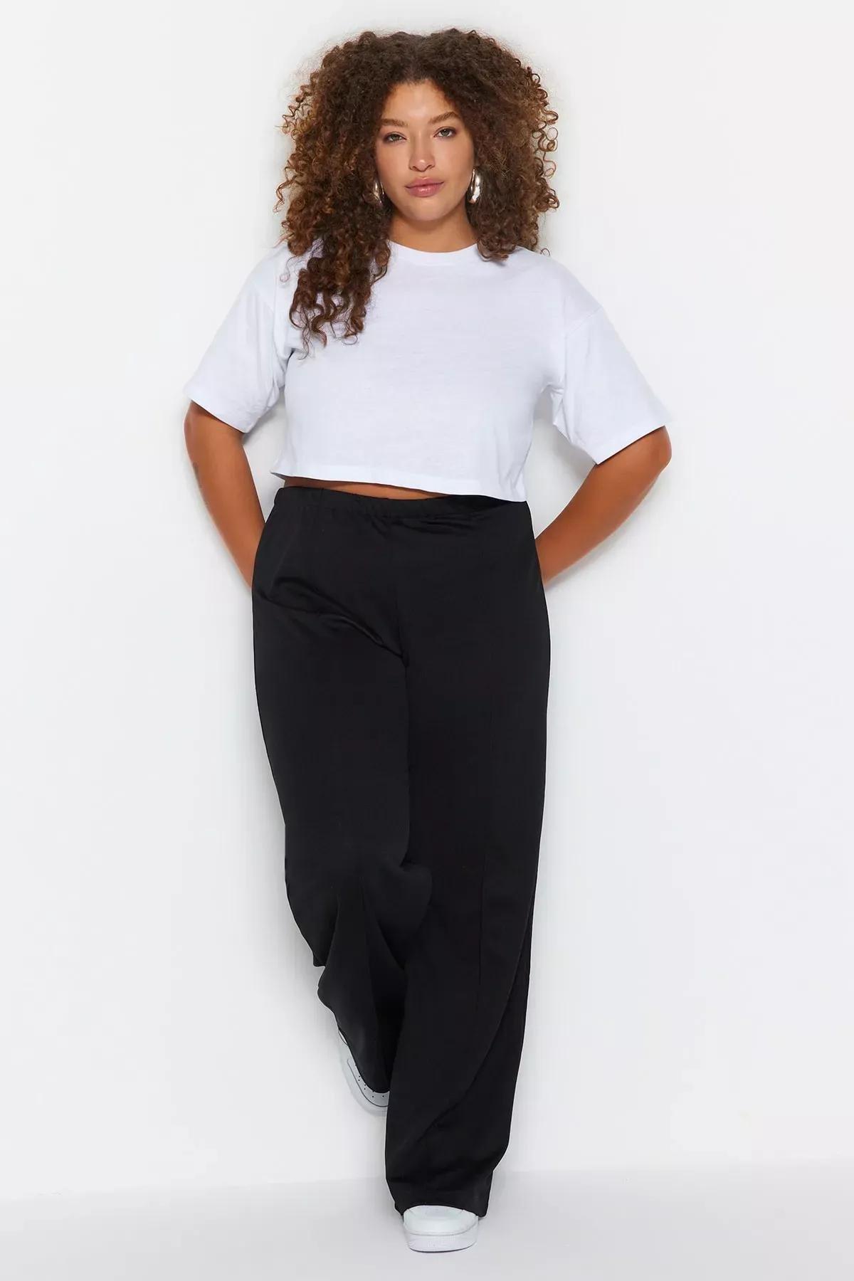 Black Slim Plus Size Pants, Black, large image number 1
