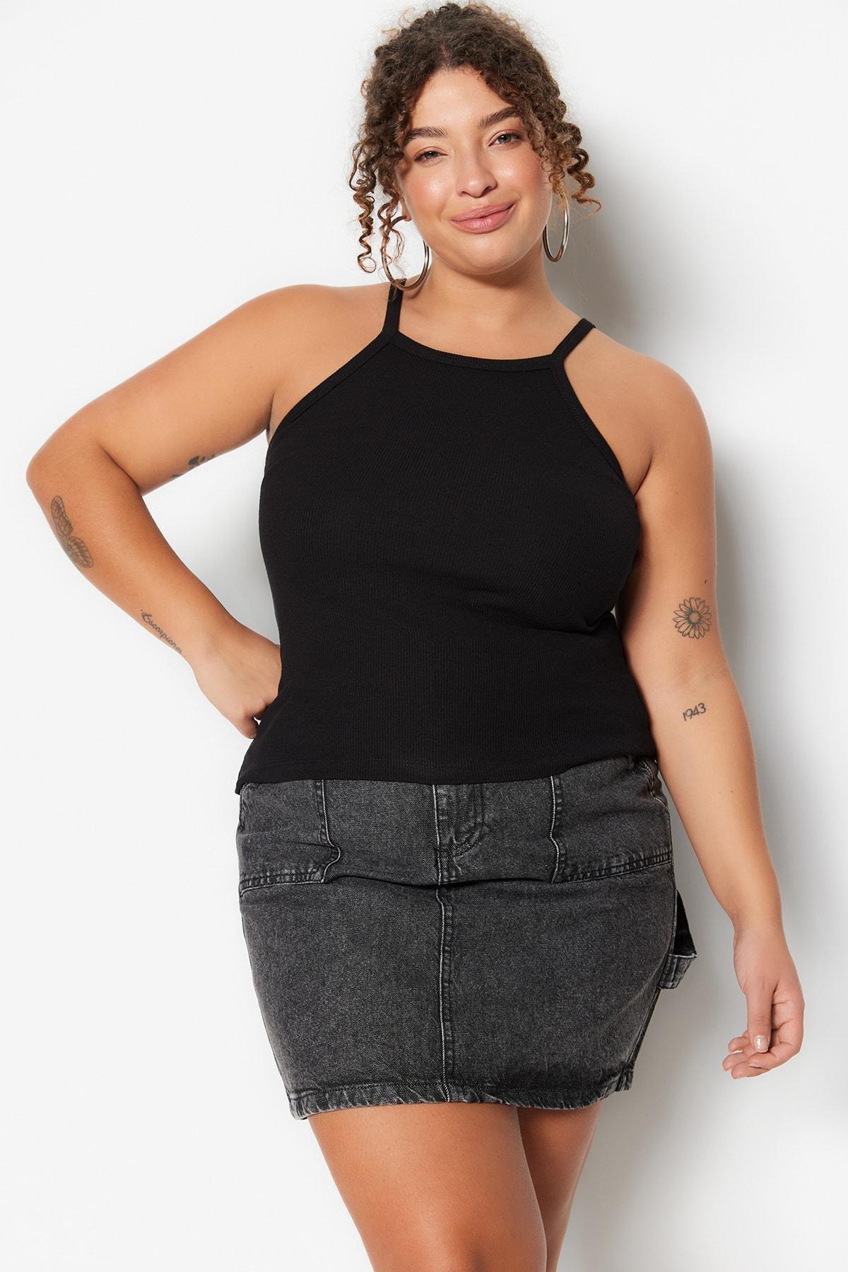 Black Fitted Plus Size Tank Top, , large image number 0