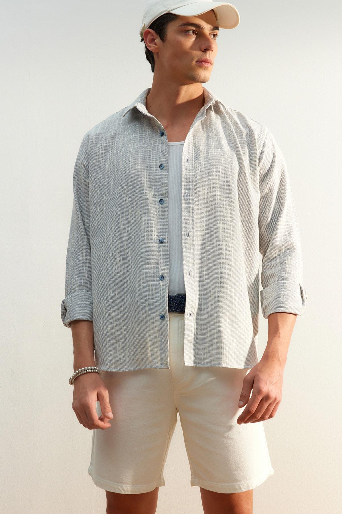 Grey Cotton Collared Shirt, Blue, large image number 0