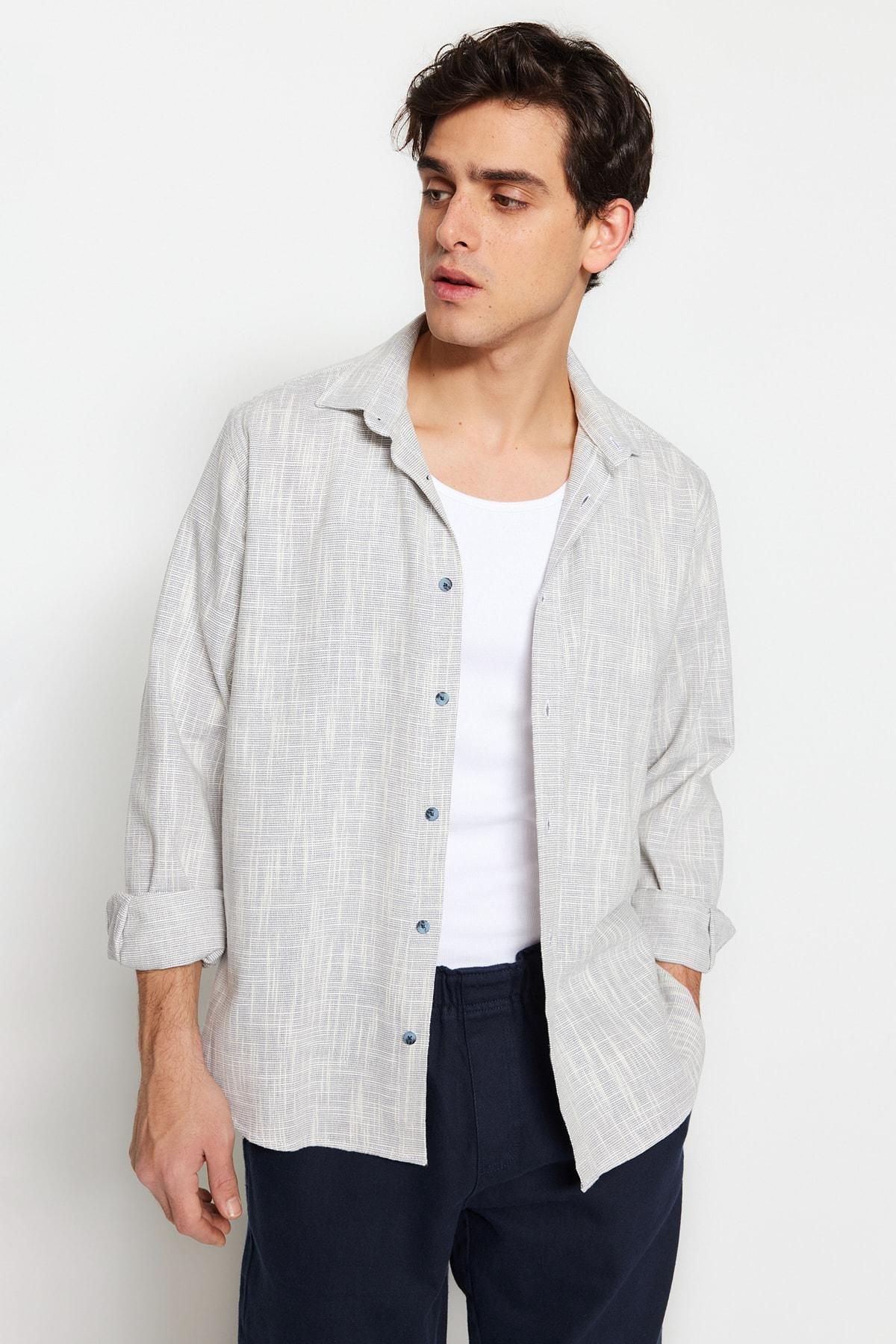 Grey Cotton Collared Shirt, Blue, large image number 1