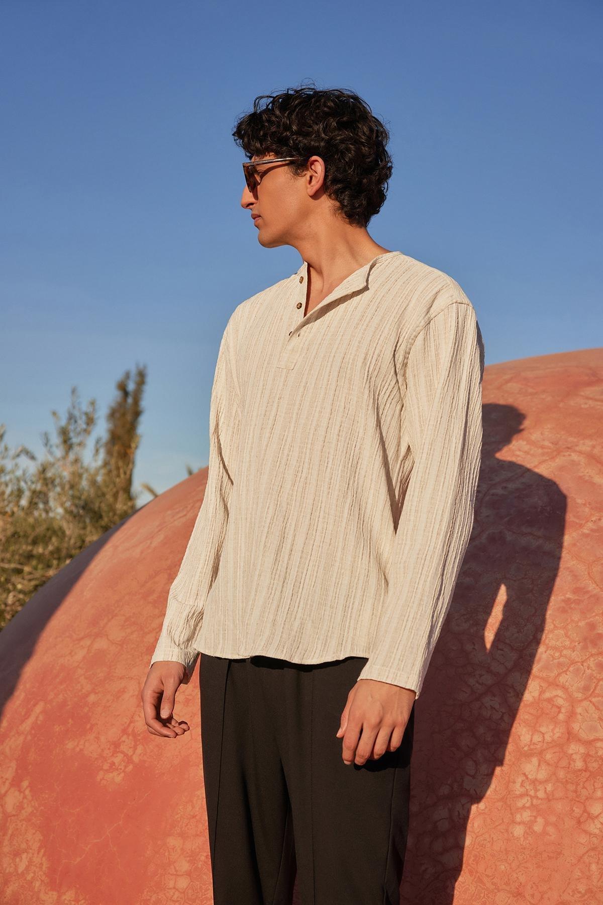 Cream Striped Patterned Shirt, , large image number 0
