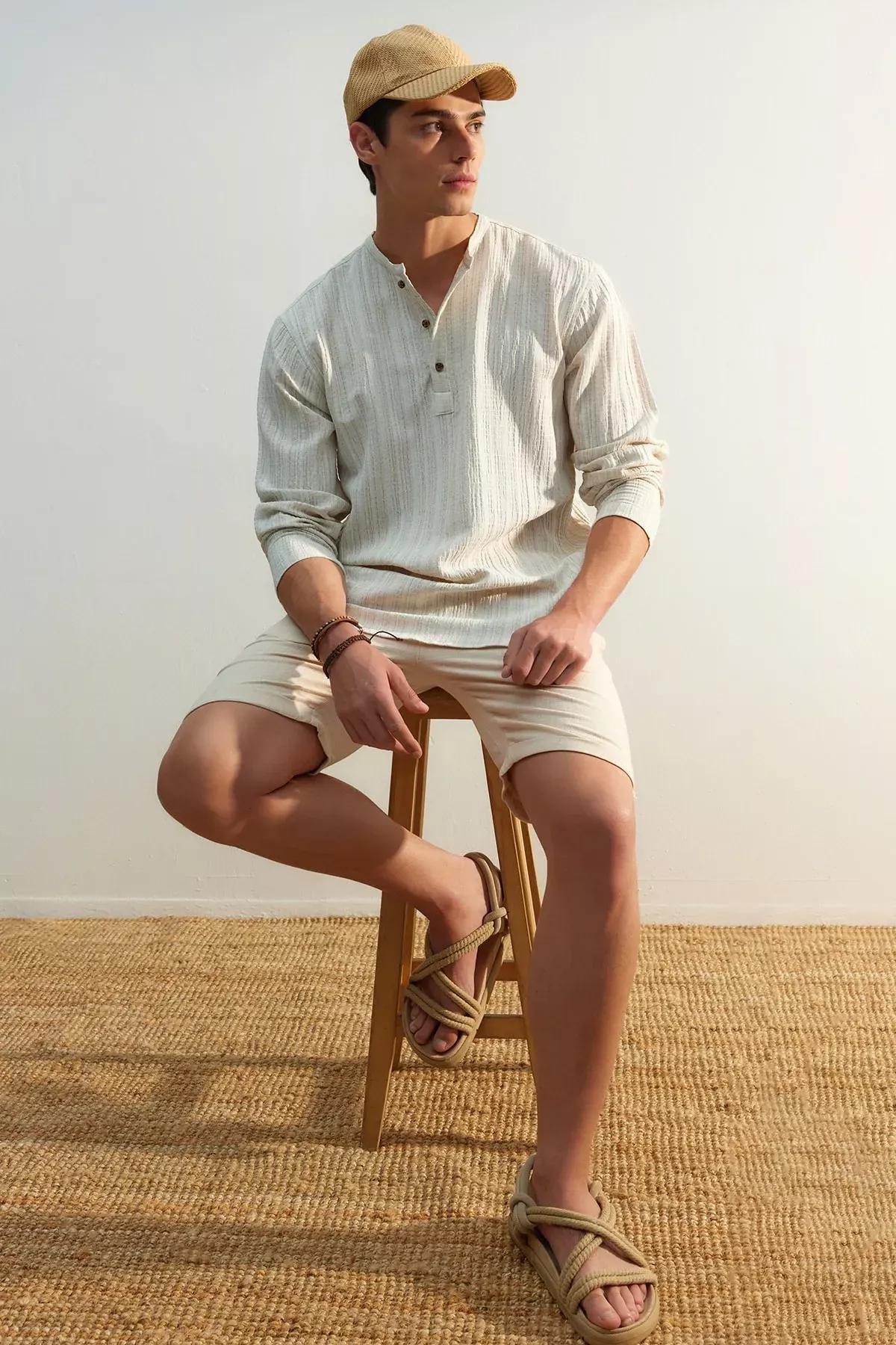 Cream Striped Patterned Shirt, Ecru, medium