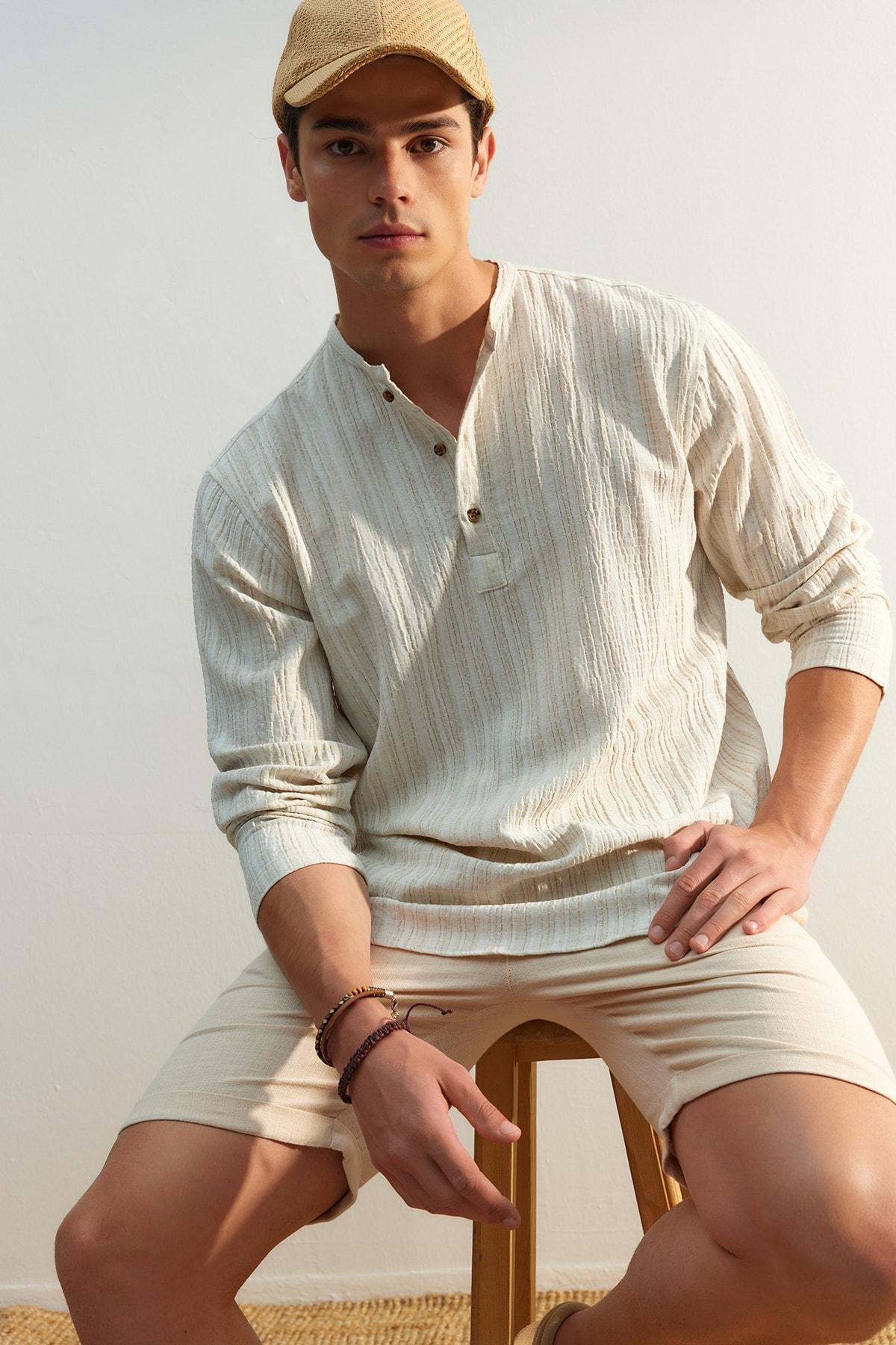 Cream Striped Patterned Shirt, , large image number 1