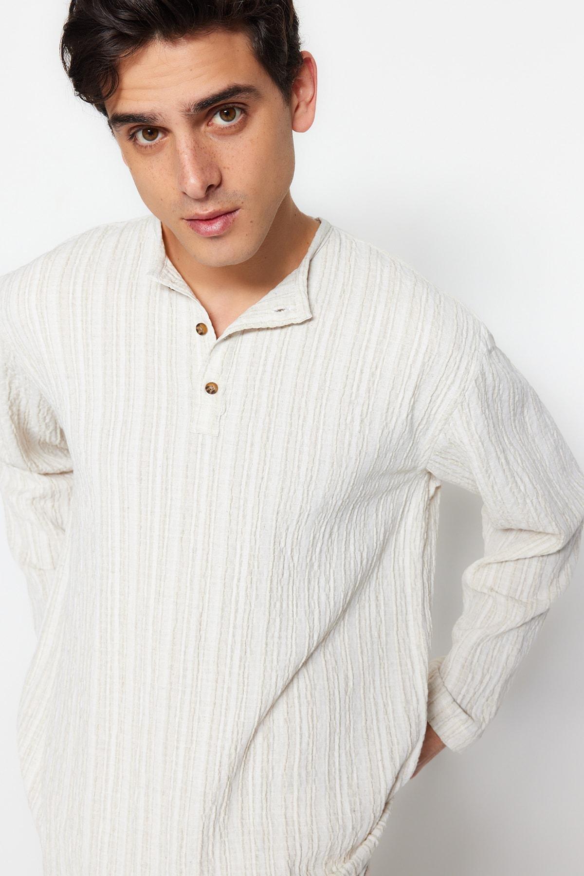 Cream Striped Patterned Shirt, , large image number 4