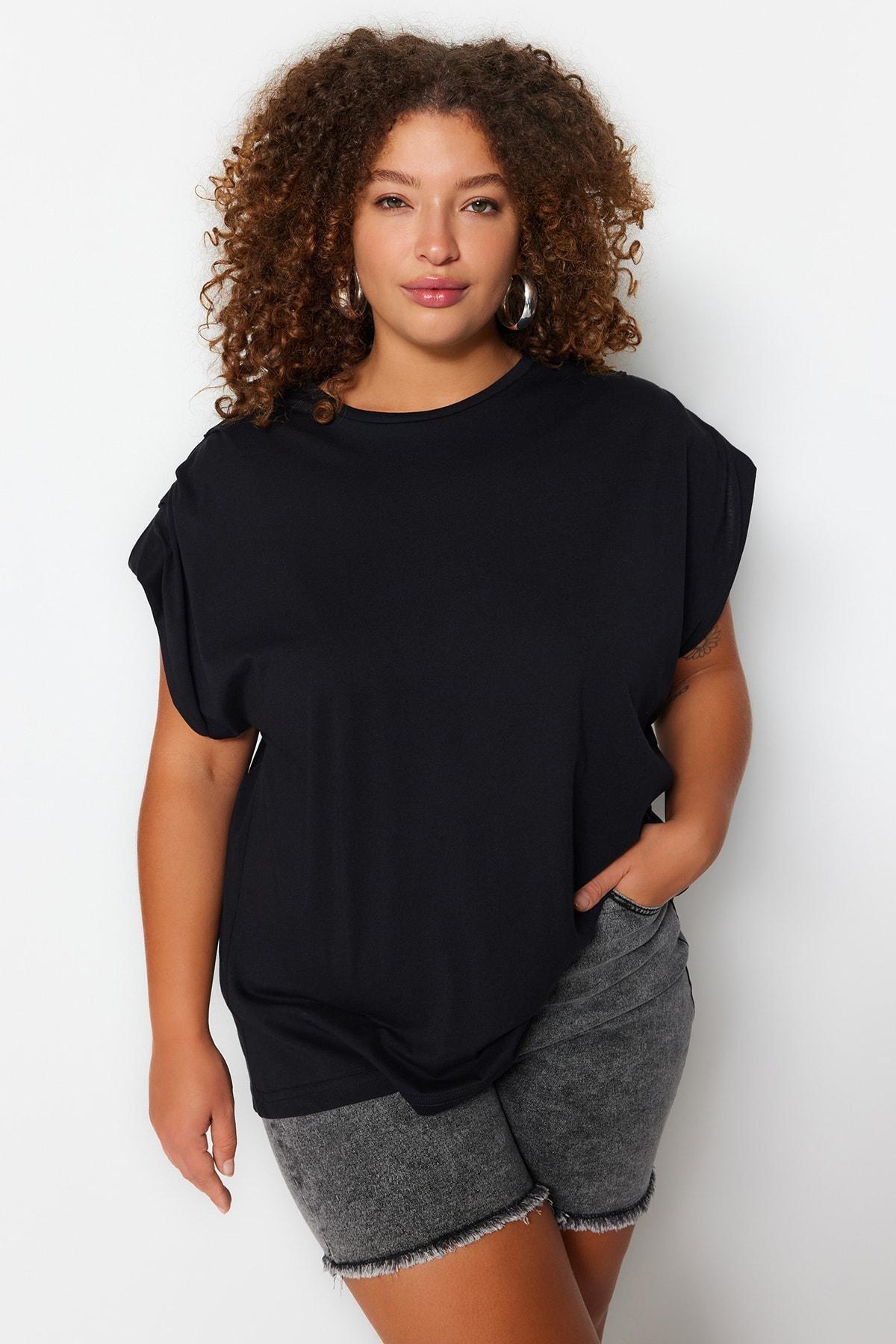 Black Crew Neck Plus Size Blouse, , medium