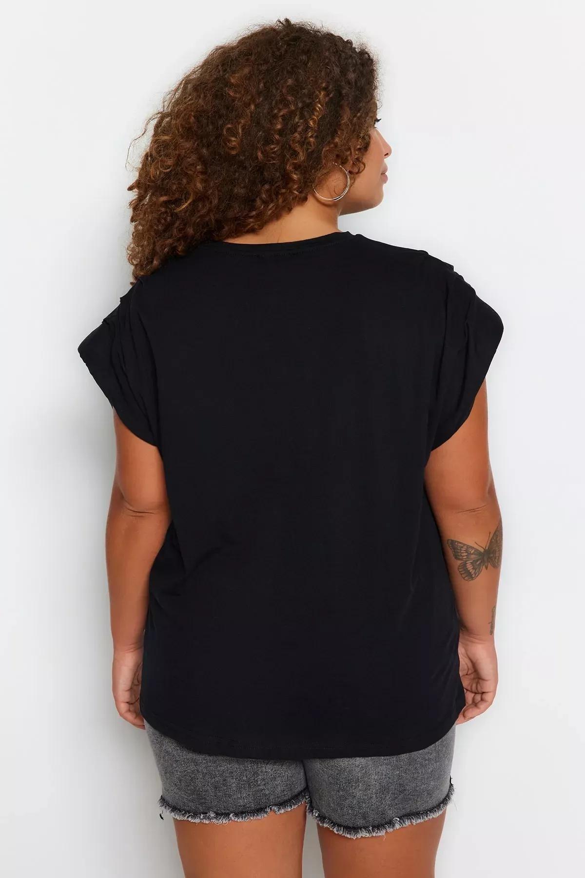 Black Crew Neck Plus Size Blouse, Black, large image number 4