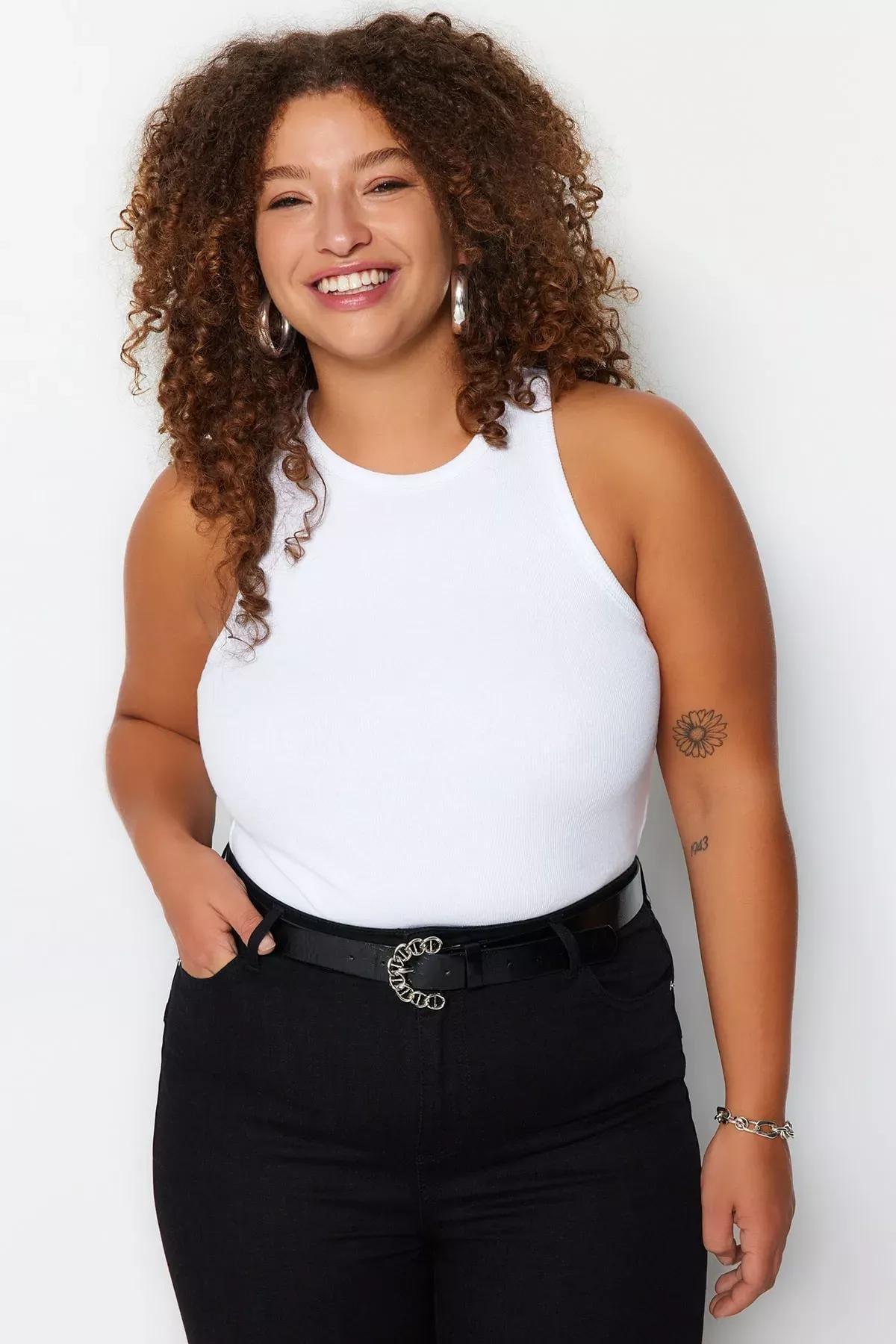 White Fitted Plus Size Tank Top, White, medium
