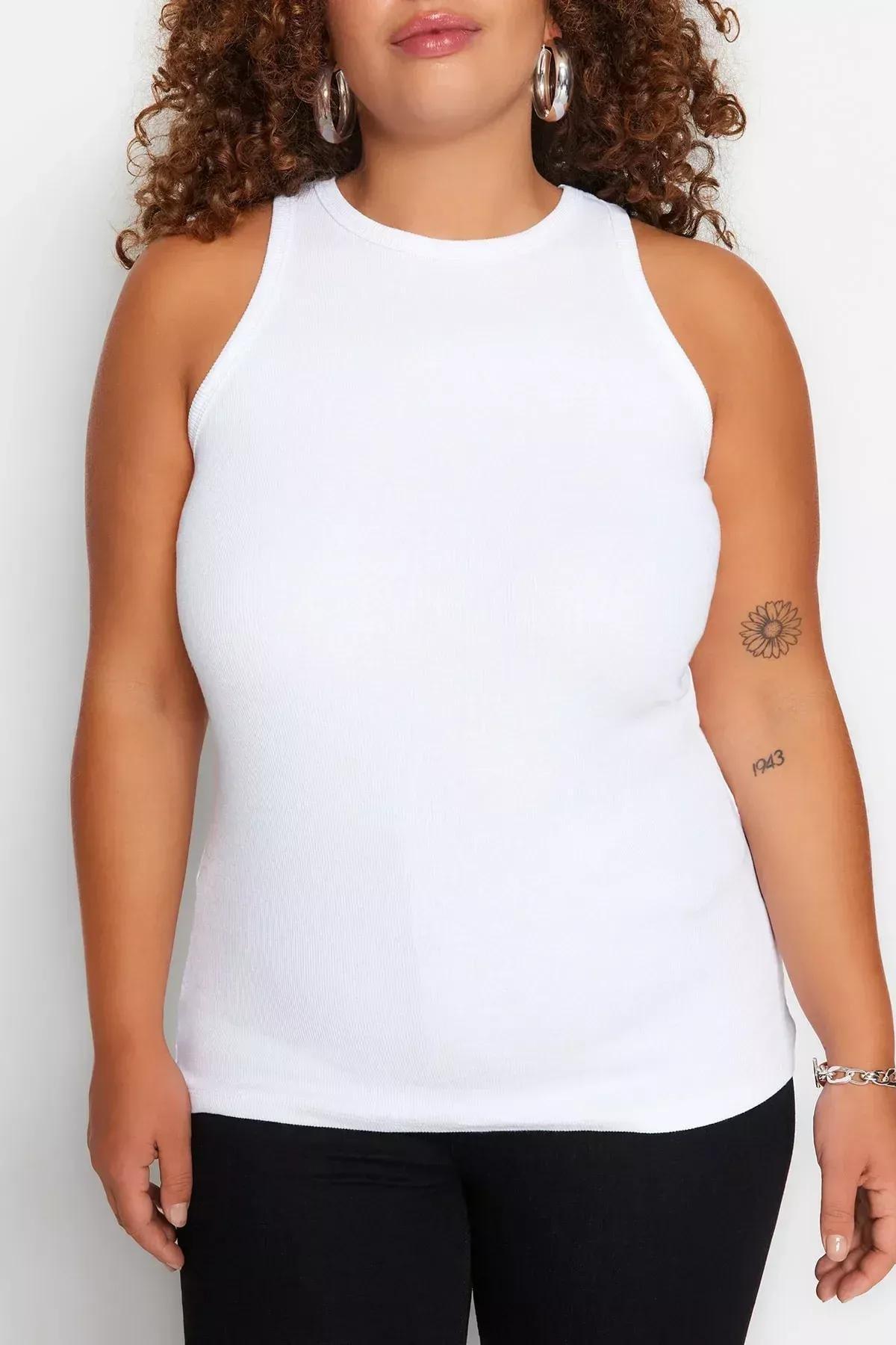 White Fitted Plus Size Tank Top, White, medium