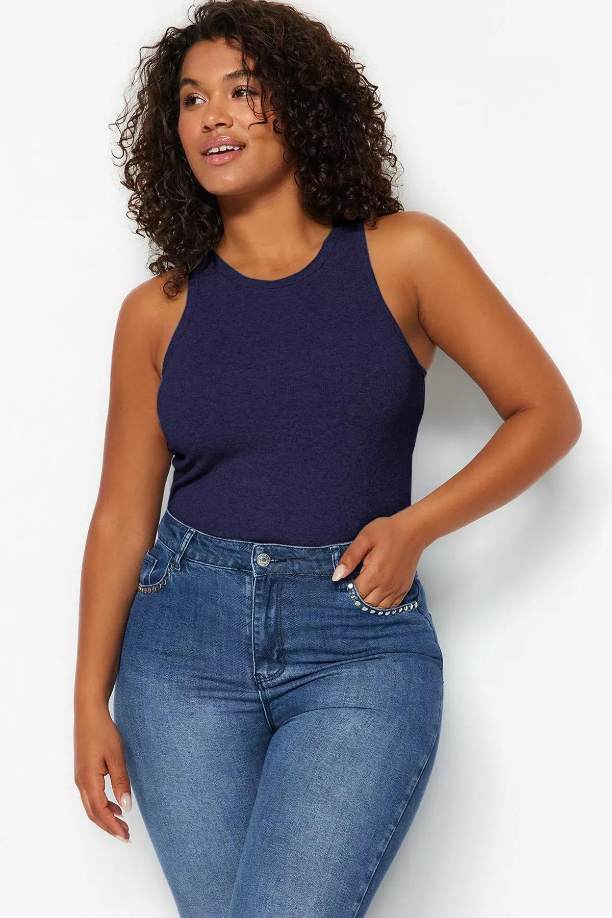 Blue Halter Neck Knitted Tank Top, Blue, medium