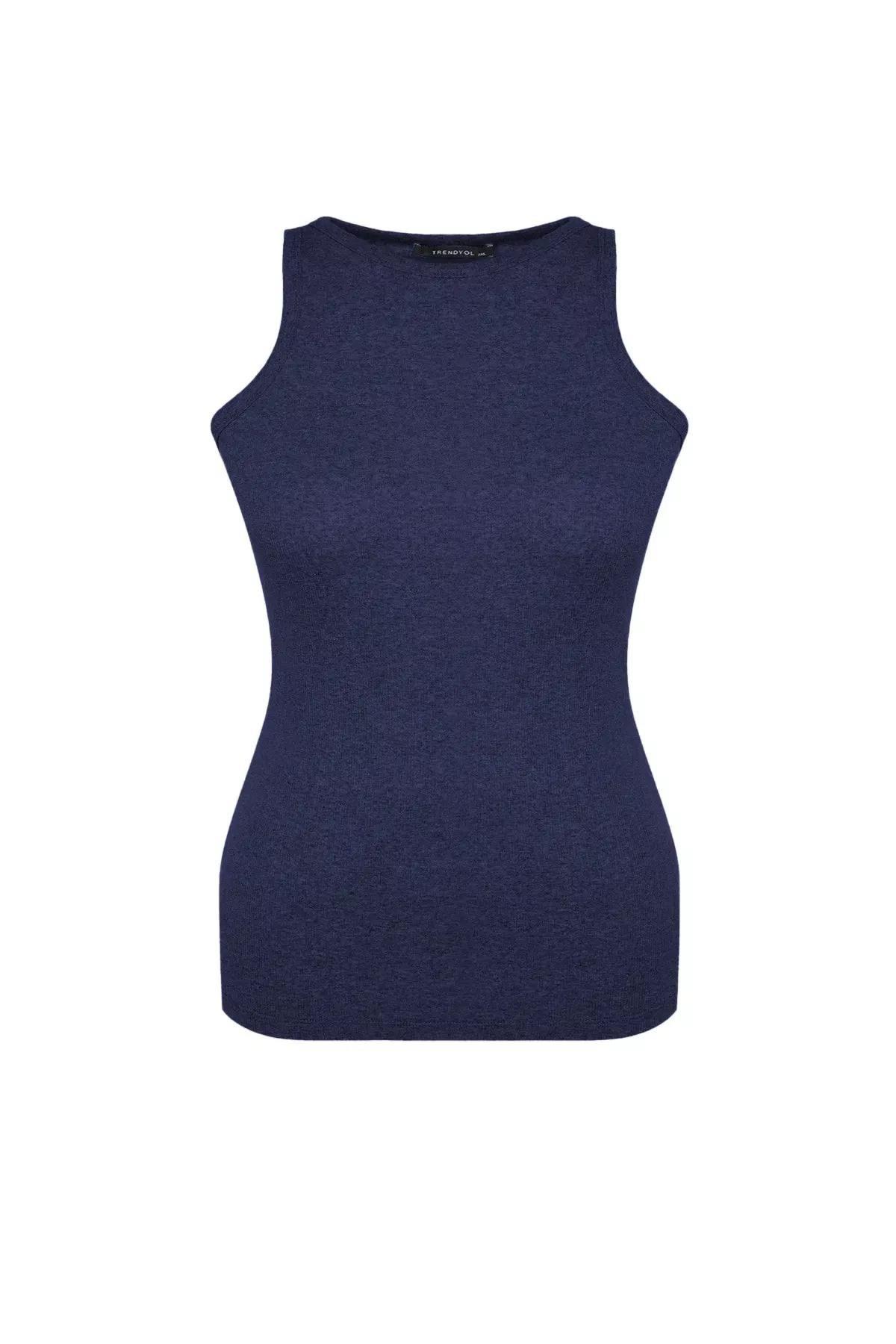 Blue Halter Neck Knitted Tank Top, Blue, large image number 3