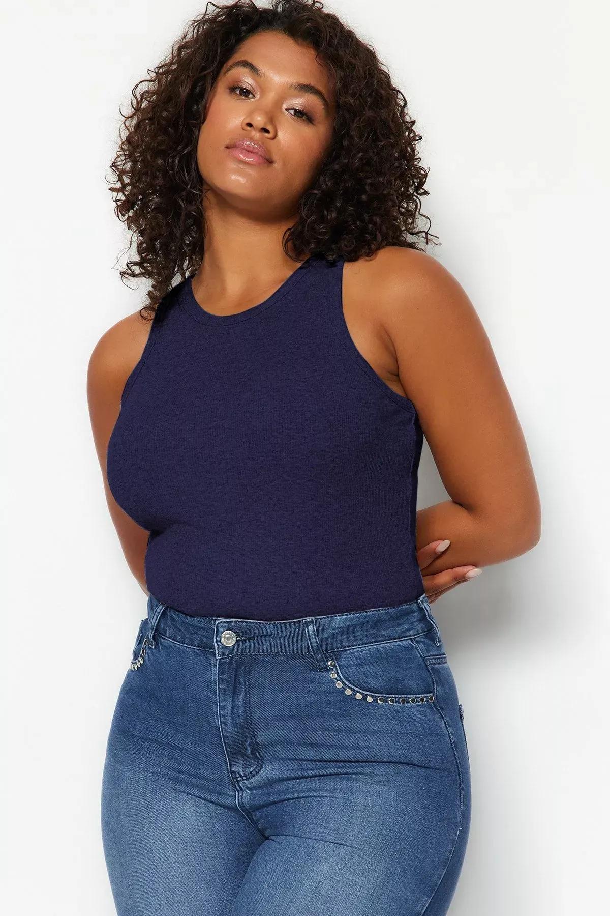 Blue Halter Neck Knitted Tank Top, Blue, large image number 5