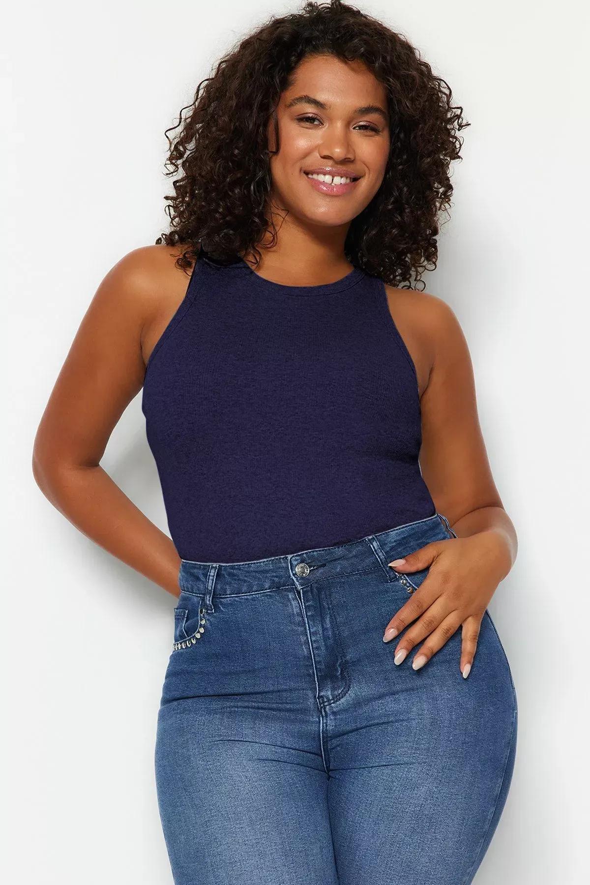 Blue Halter Neck Knitted Tank Top, Blue, large image number 7