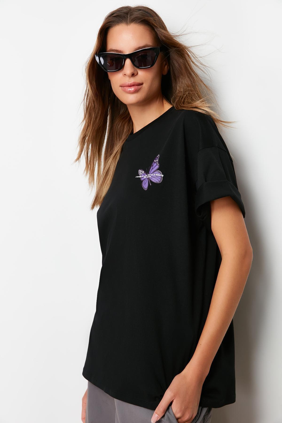 Black Graphic Oversize T-Shirt, , large image number 0