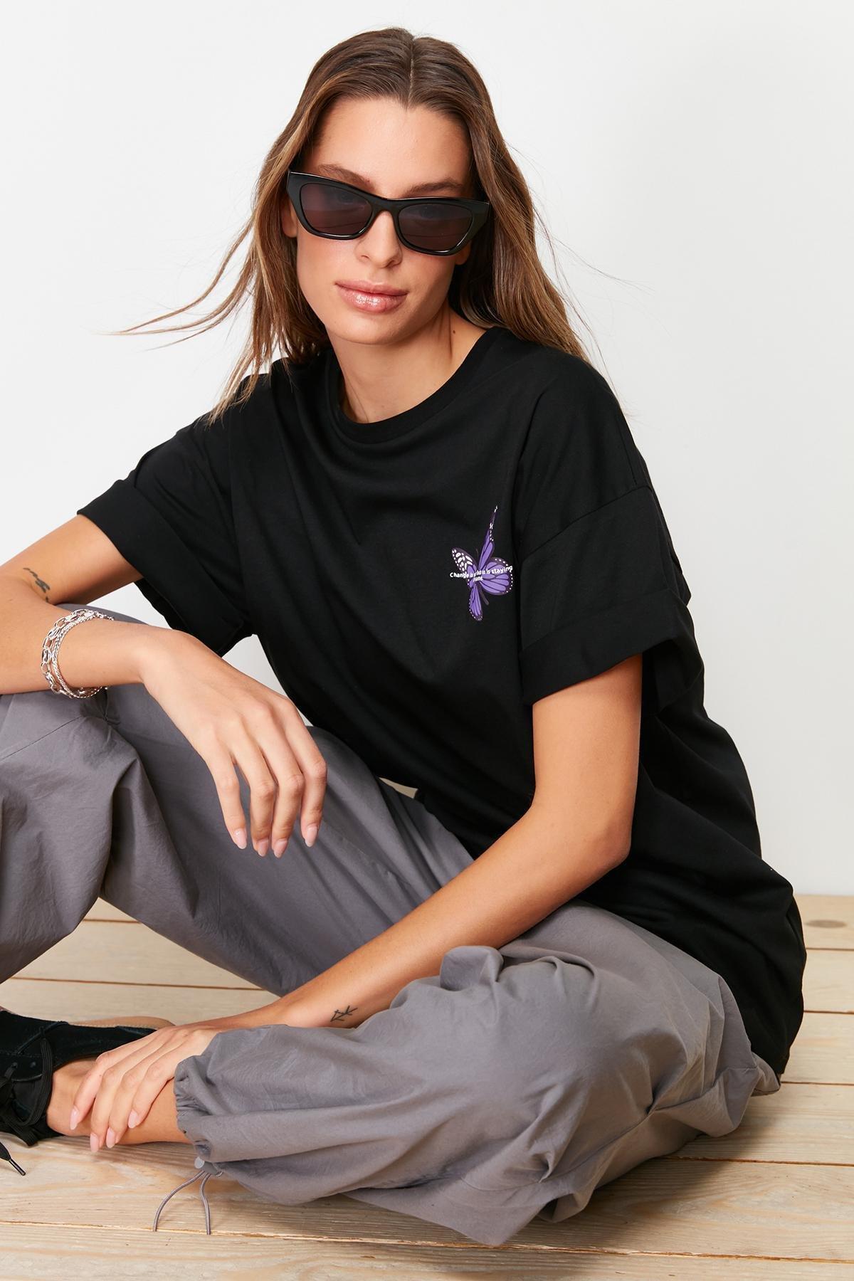 Black Graphic Oversize T-Shirt, , large image number 4