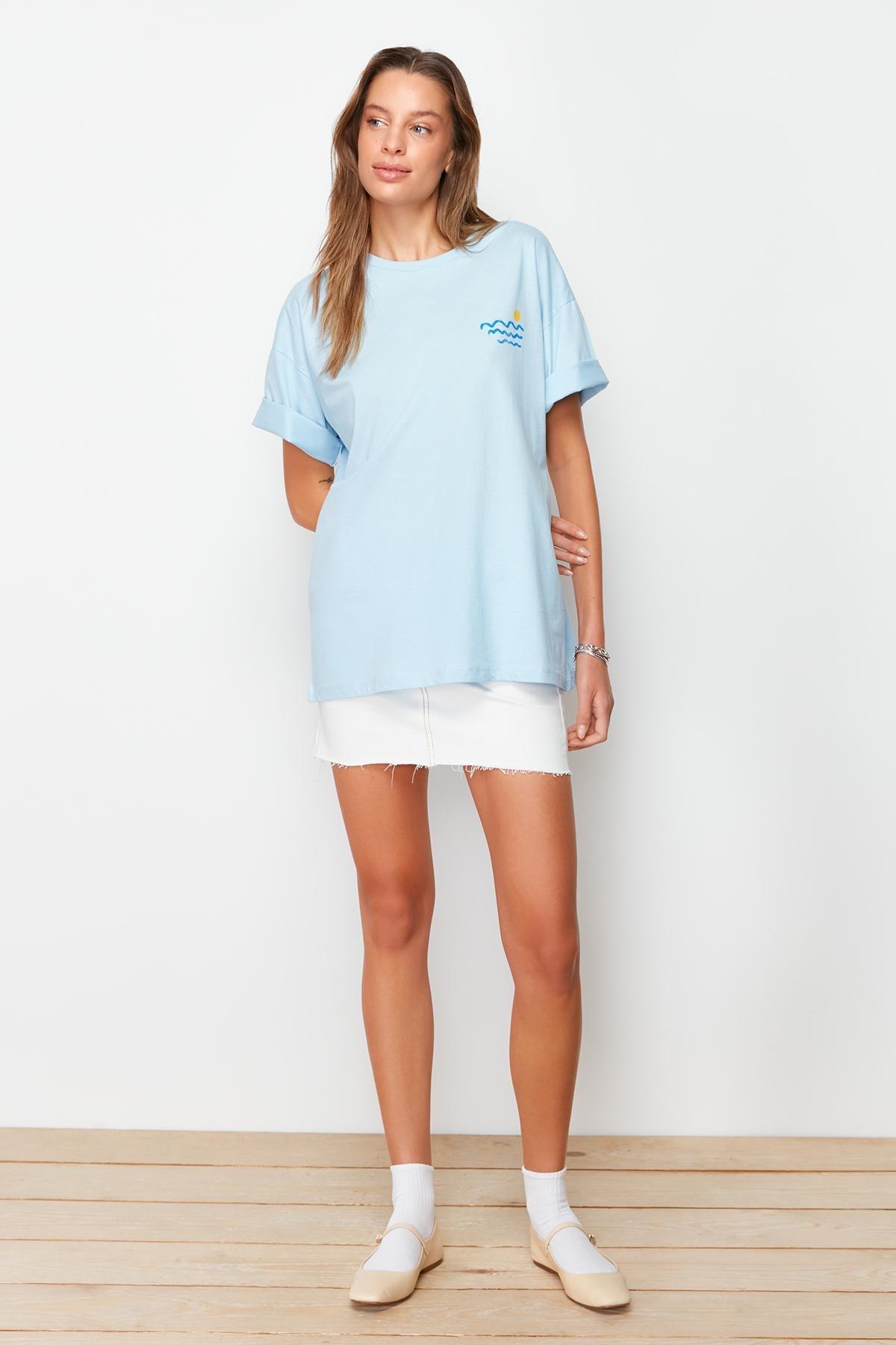 Blue Printed Boyfriend T-Shirt, , large image number 0