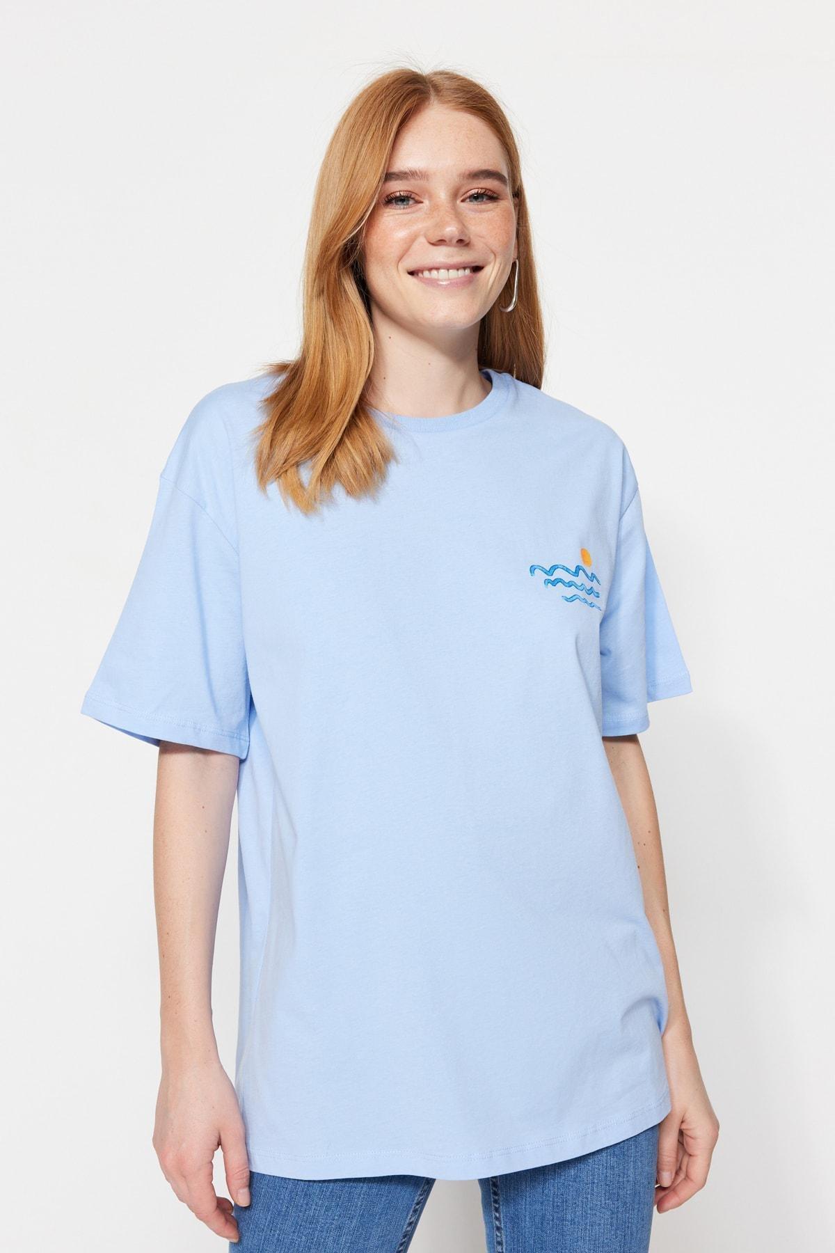 Blue Printed Boyfriend T-Shirt, , large image number 1
