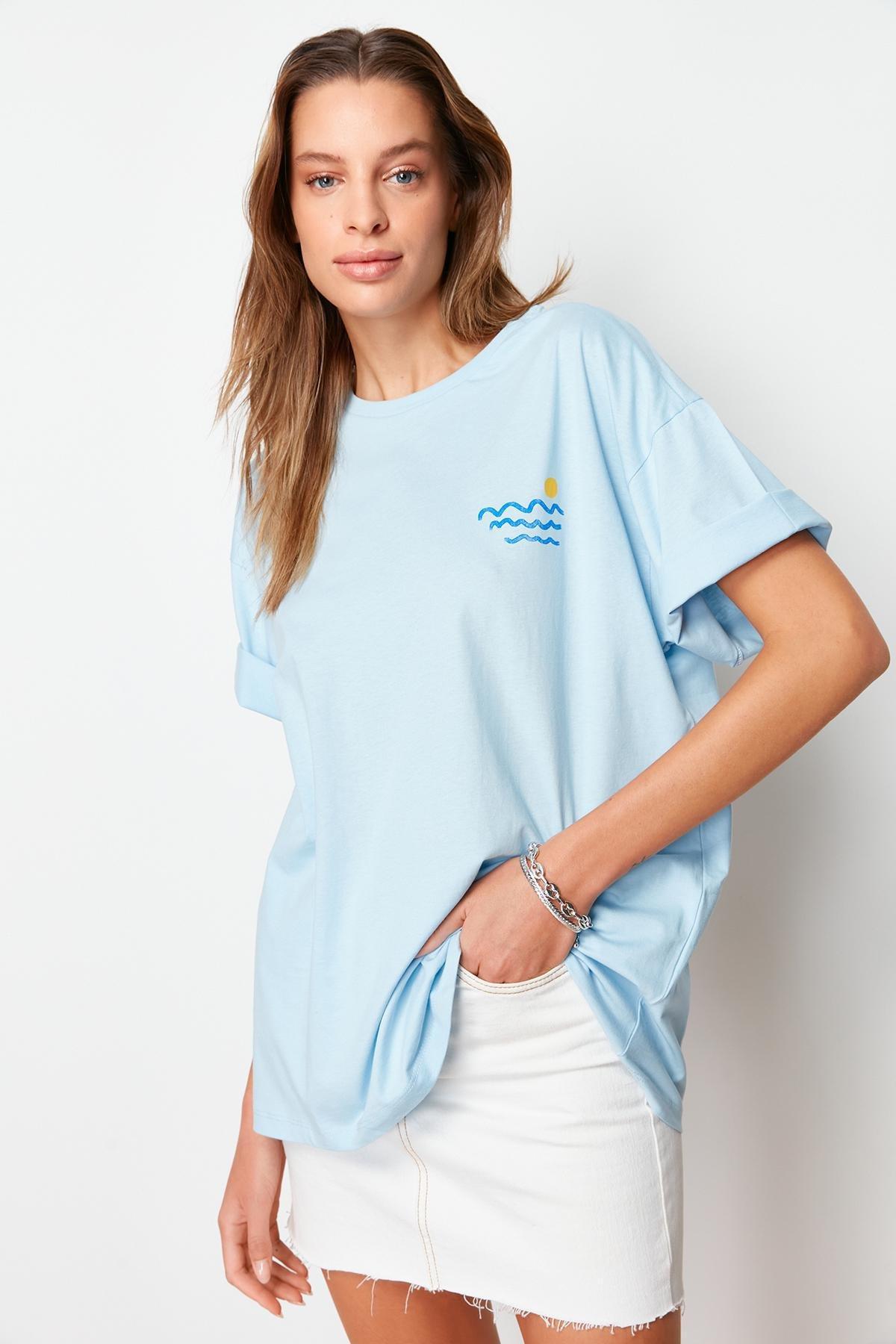 Blue Printed Boyfriend T-Shirt, , large image number 2