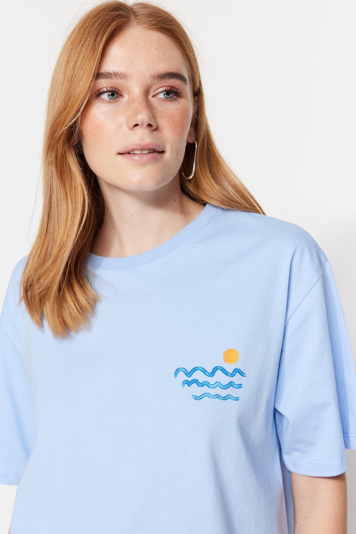 Blue Printed Boyfriend T-Shirt, , large image number 3