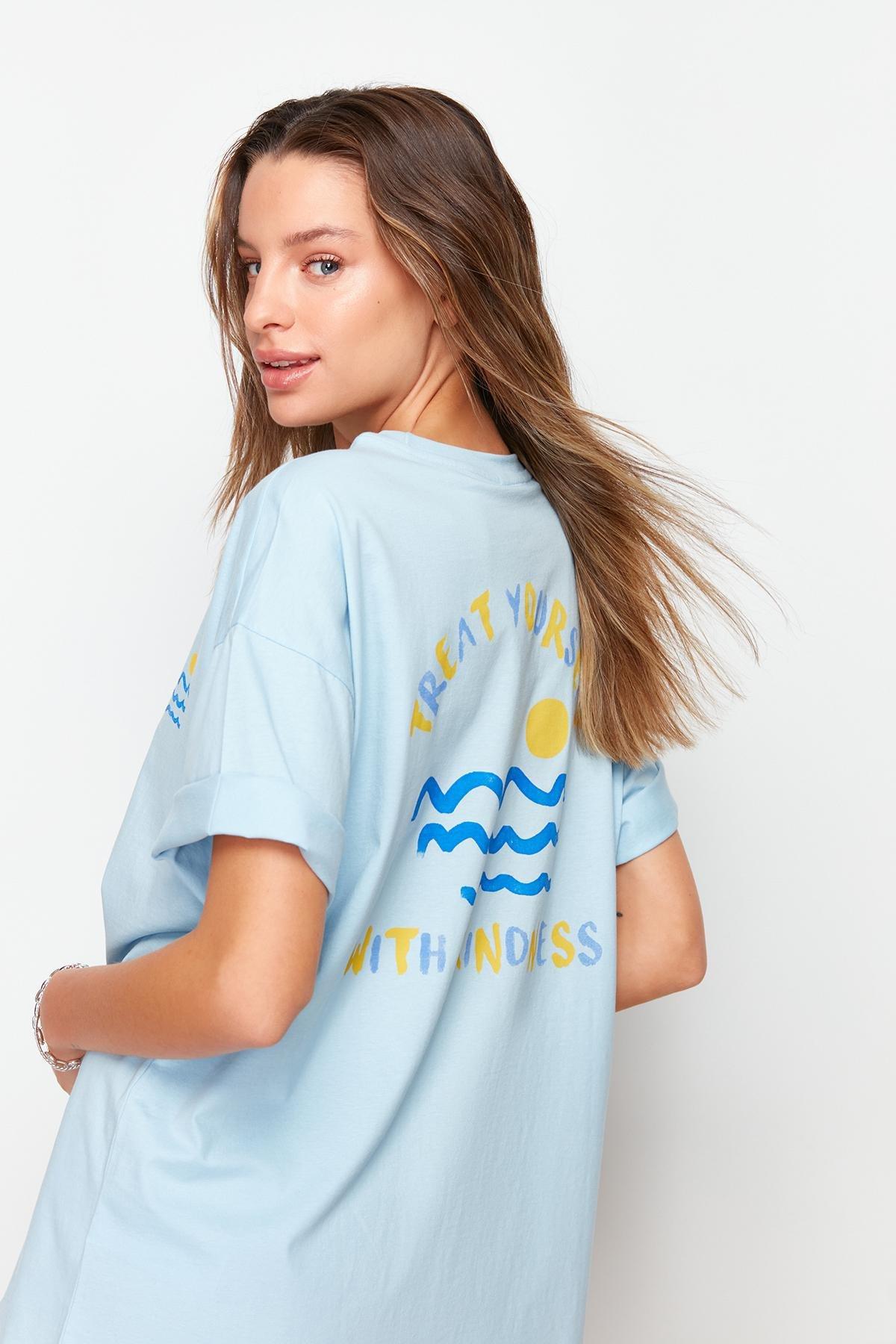 Blue Printed Boyfriend T-Shirt, , large image number 4