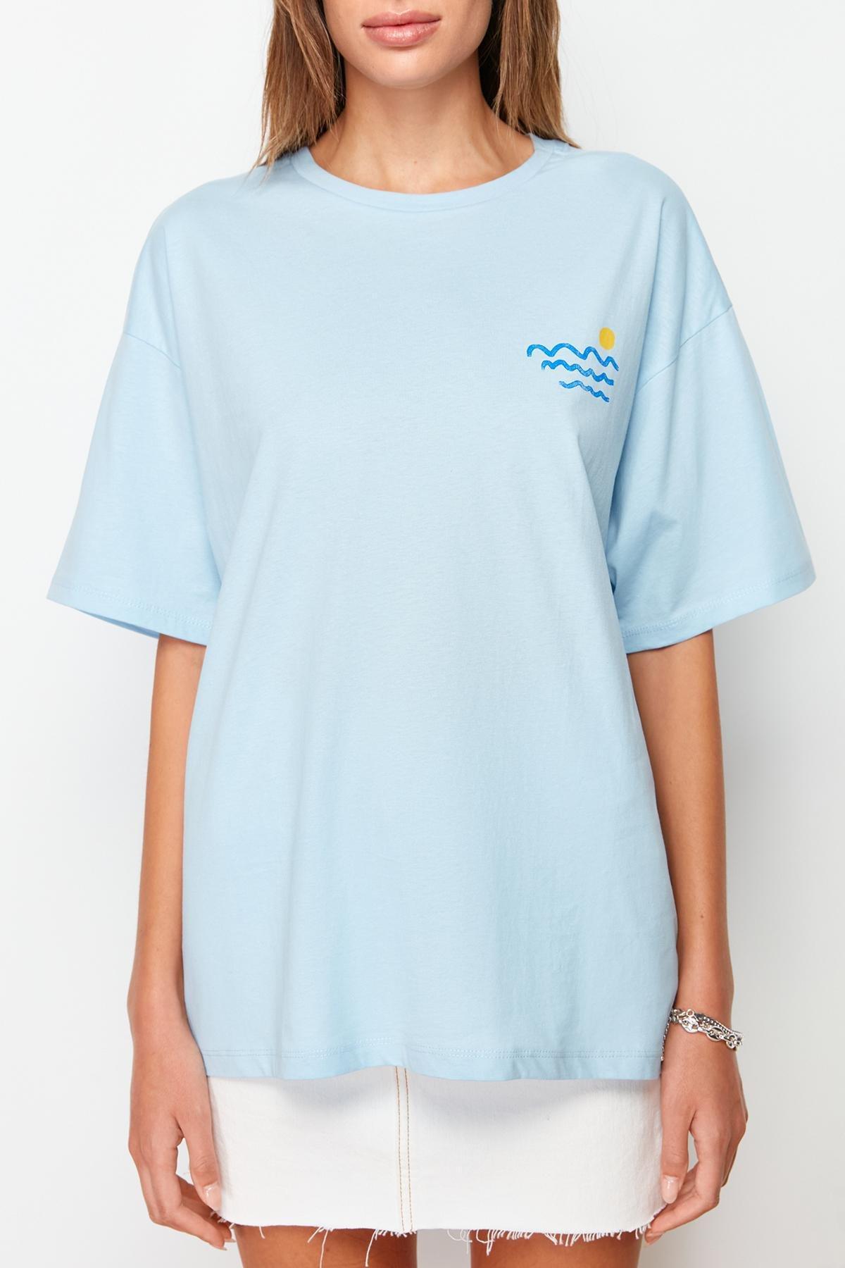 Blue Printed Boyfriend T-Shirt, , large image number 6