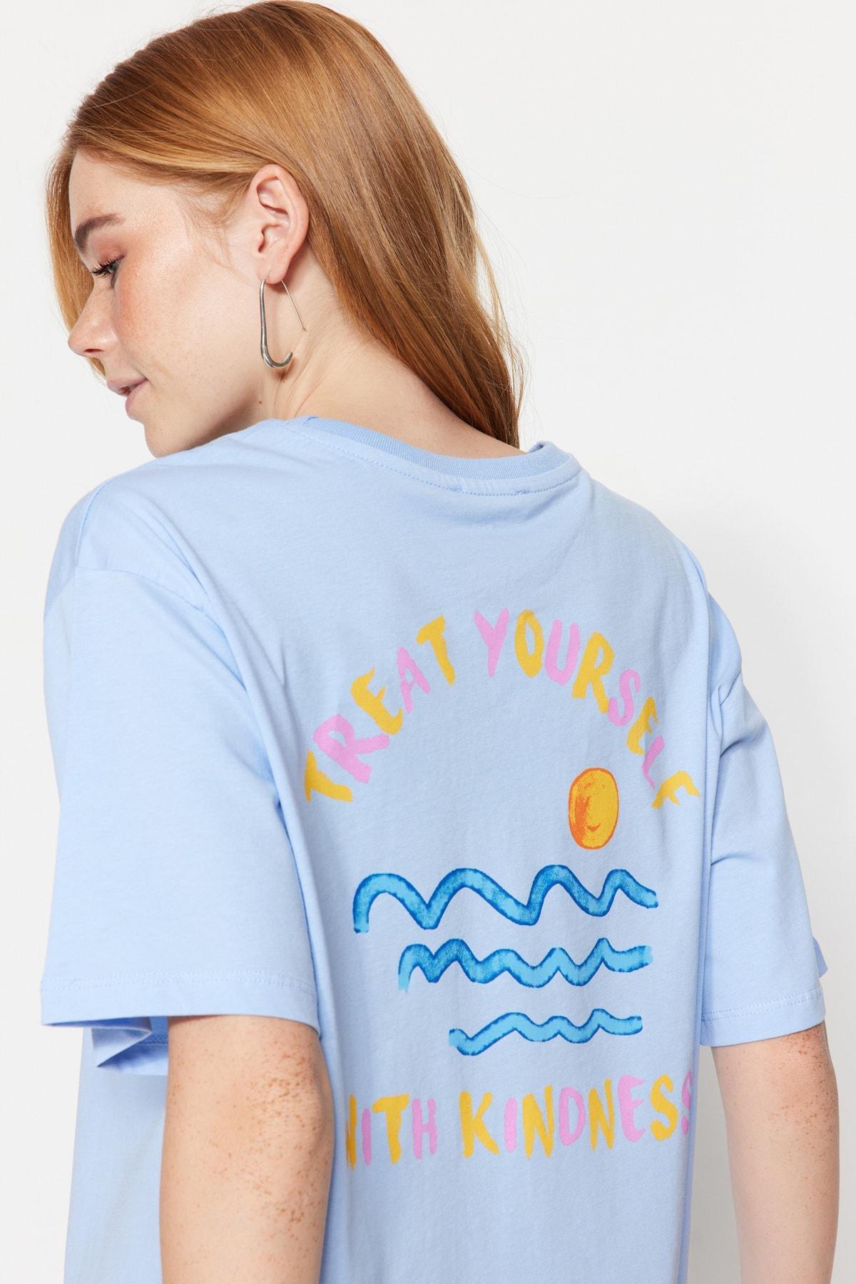 Blue Printed Boyfriend T-Shirt, , large image number 8