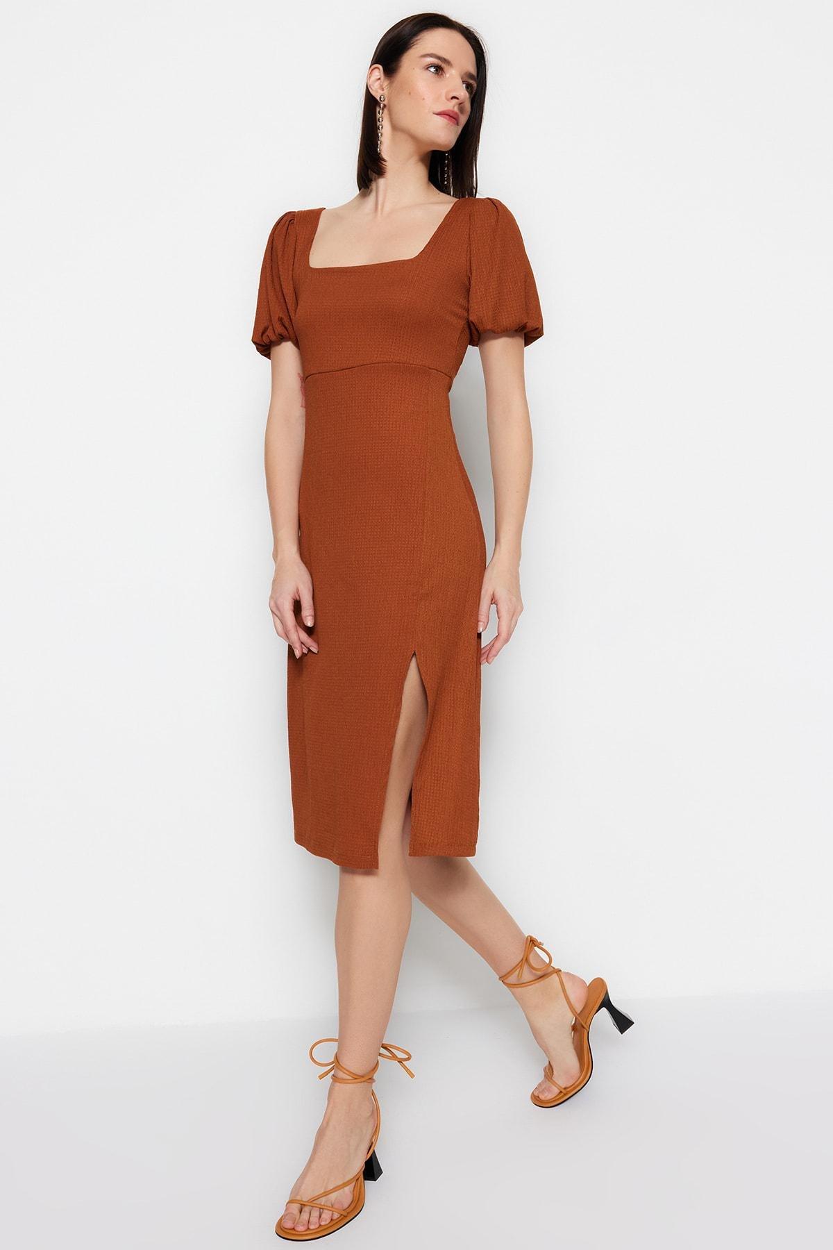 Trendyol - Brown Square Collar A-Line Dress