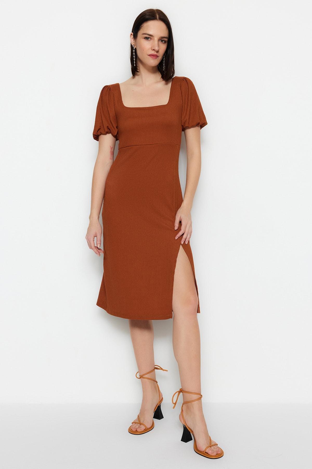 Trendyol - Brown Square Collar A-Line Dress