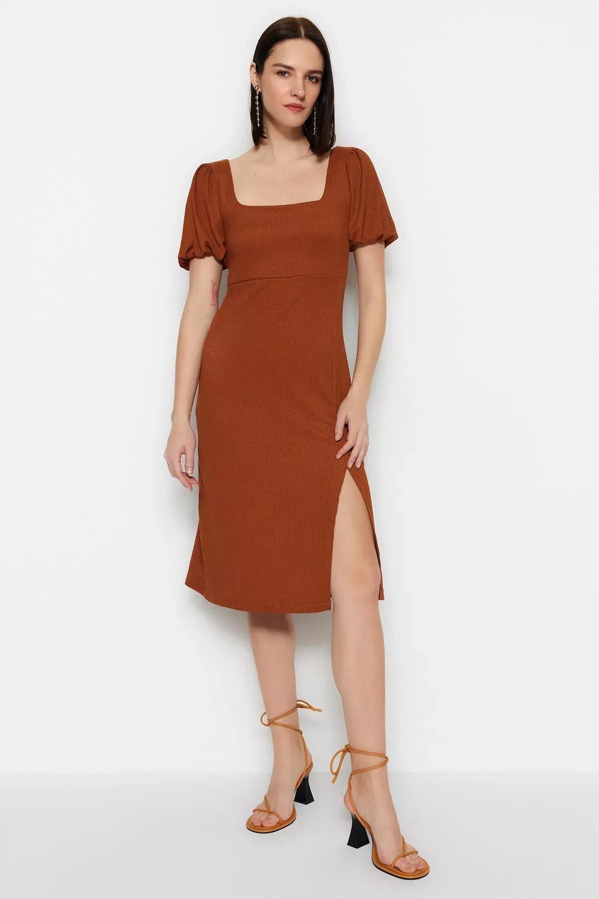 Brown Square Collar A-Line Dress, , large image number 1