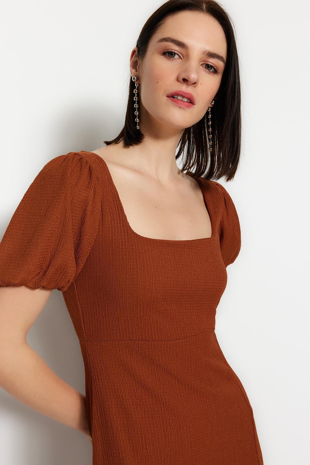 Trendyol - Brown Square Collar A-Line Dress