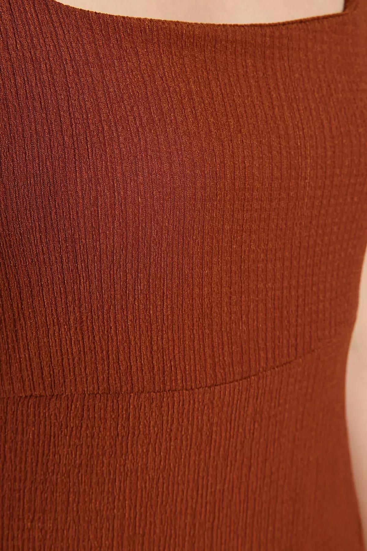Brown Square Collar A-Line Dress, , large image number 3
