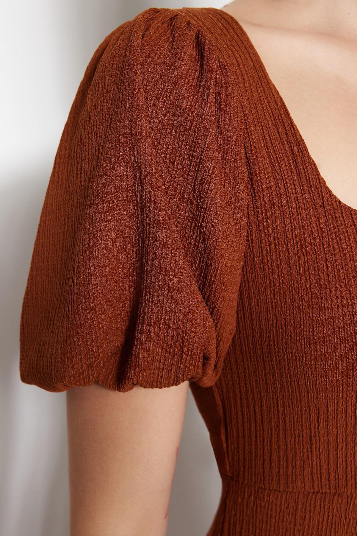 Brown Square Collar A-Line Dress, , large image number 4
