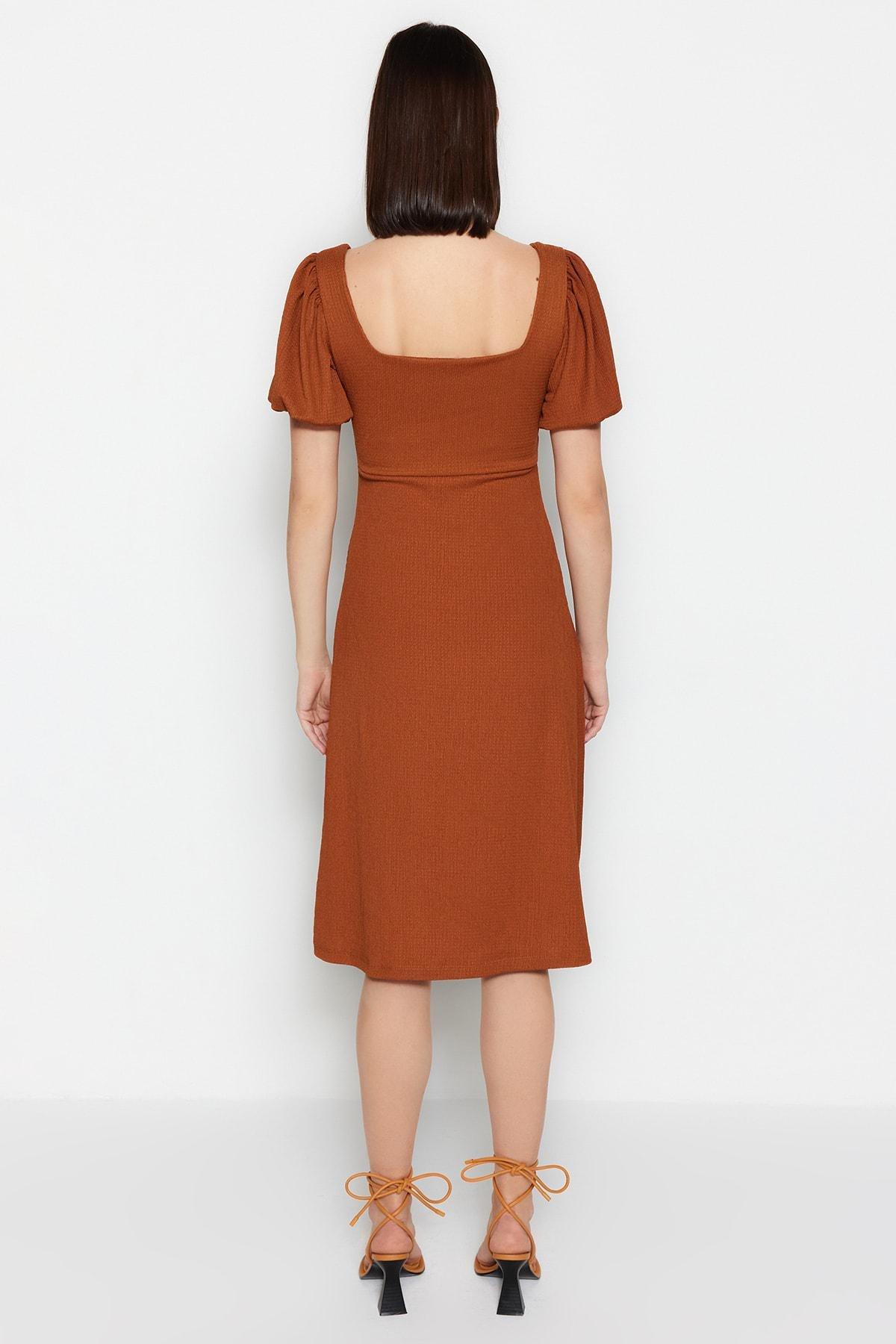 Trendyol - Brown Square Collar A-Line Dress