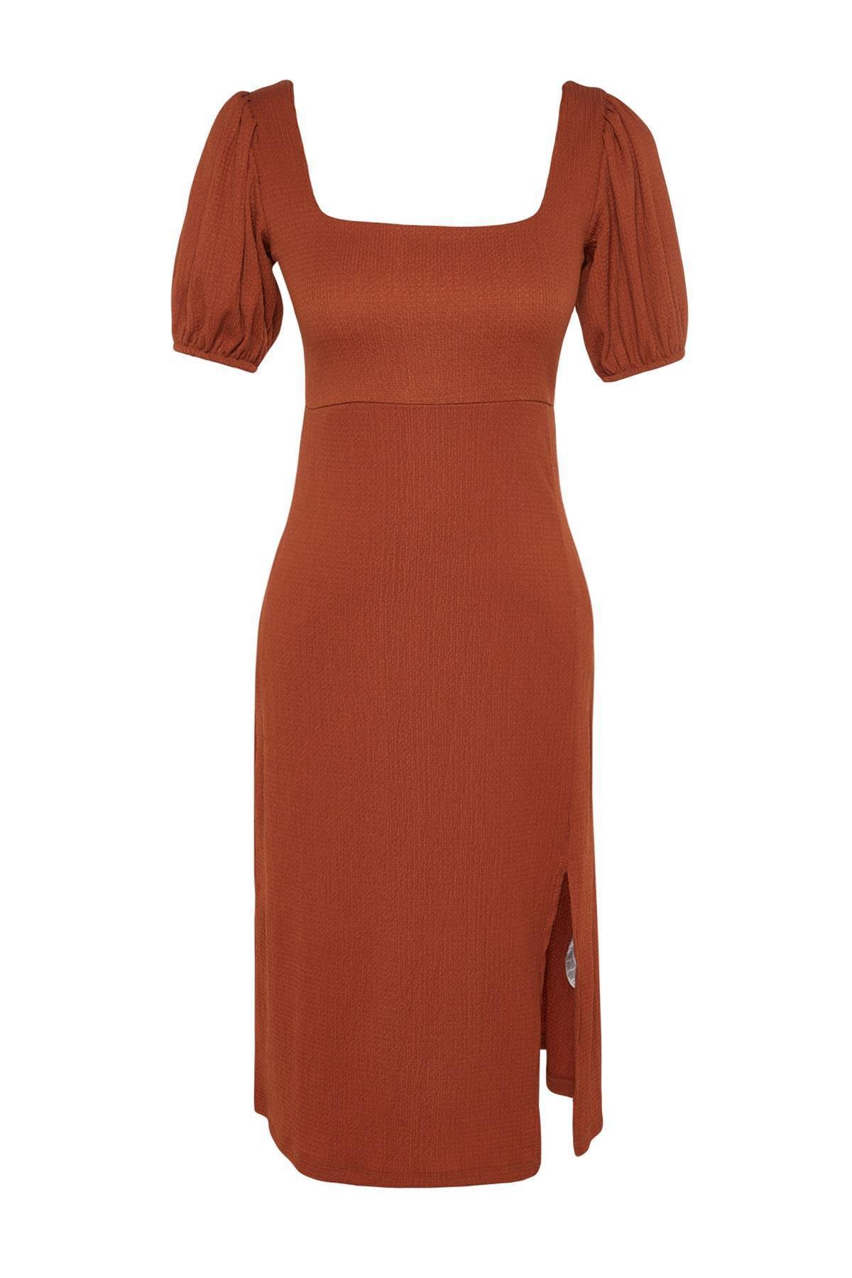 Trendyol - Brown Square Collar A-Line Dress