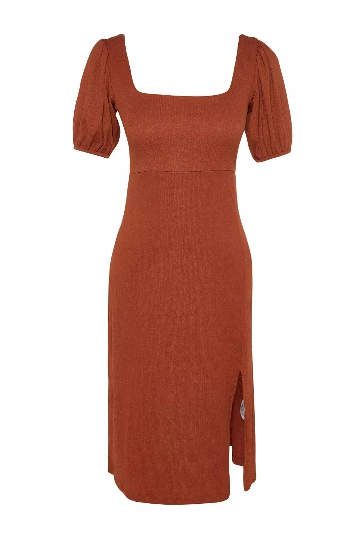 Brown Square Collar A-Line Dress, , large image number 6