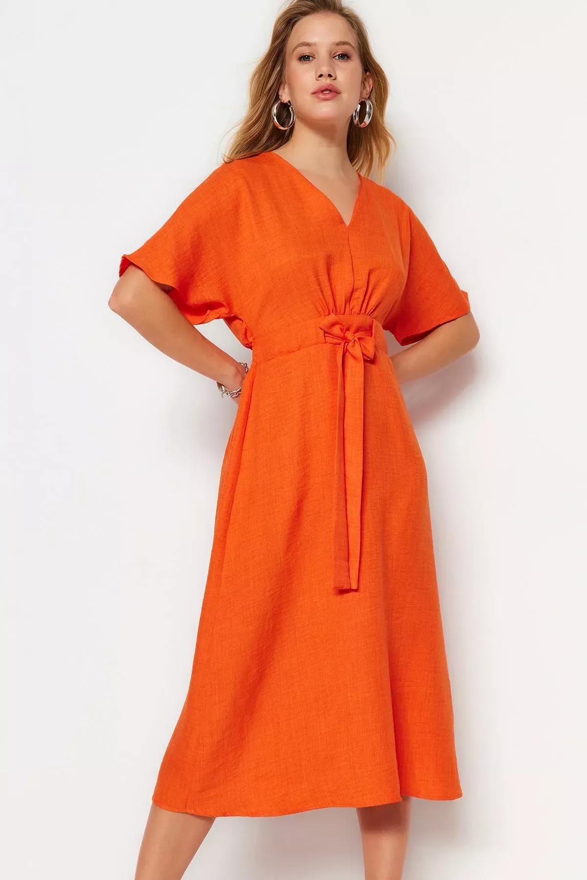 Orange V-Neck A-Line Dress, Orange, medium