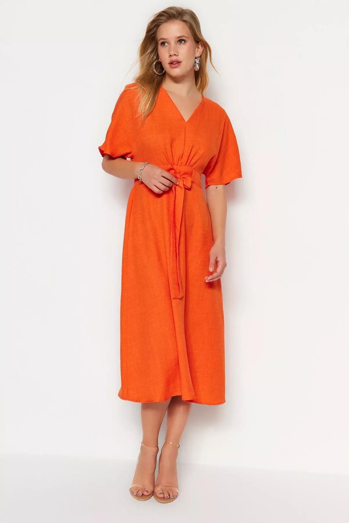 فستان بقصة على شكل حرف A بفتحة رقبة V، برتقالي, Orange, large image number 2