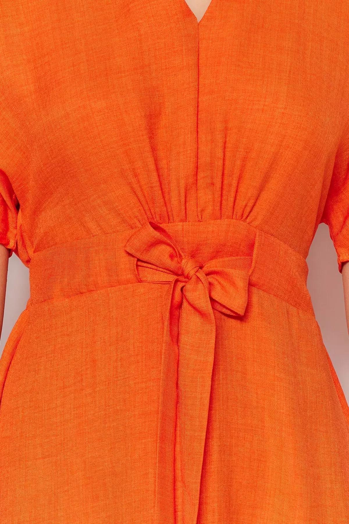 فستان بقصة على شكل حرف A بفتحة رقبة V، برتقالي, Orange, large image number 4