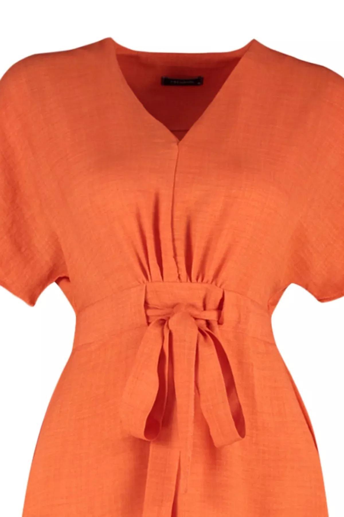 فستان بقصة على شكل حرف A بفتحة رقبة V، برتقالي, Orange, large image number 6