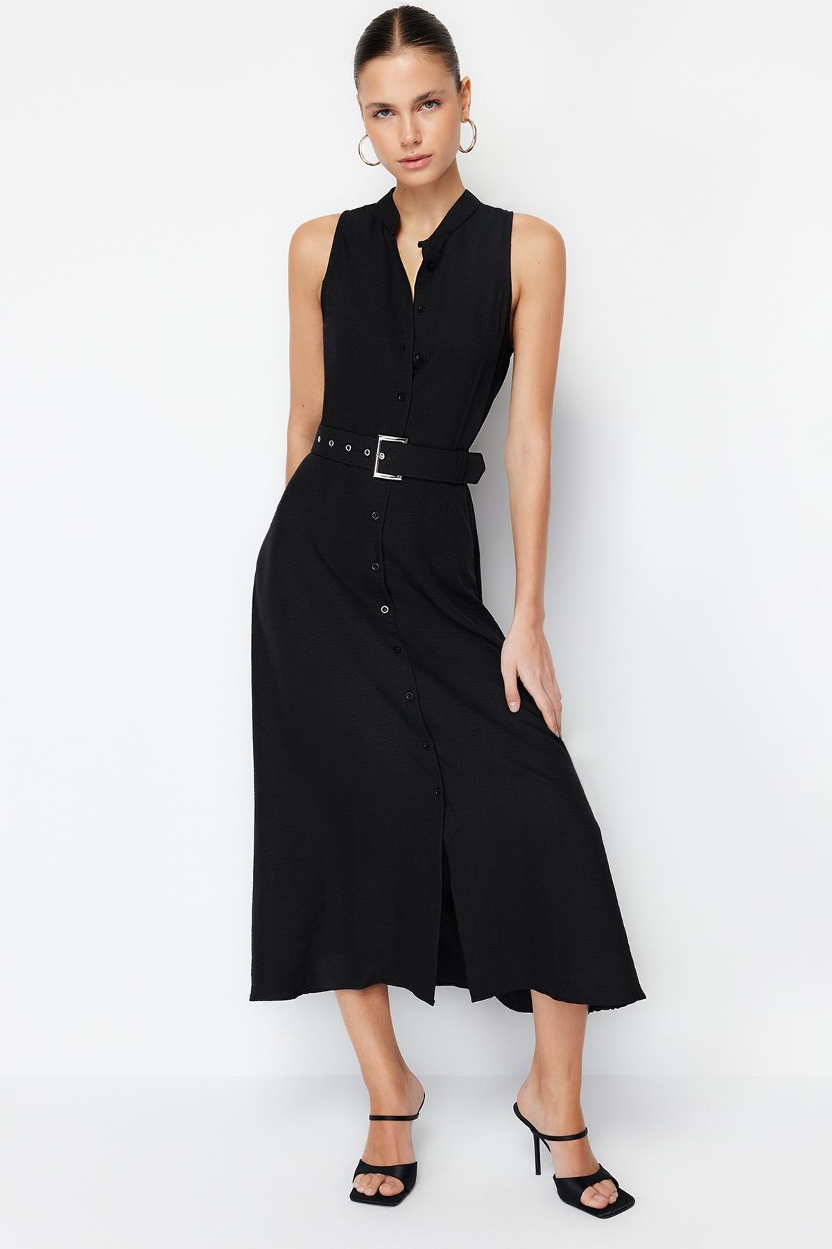 Black Belted Midi Shirt Dress, , large image number 0