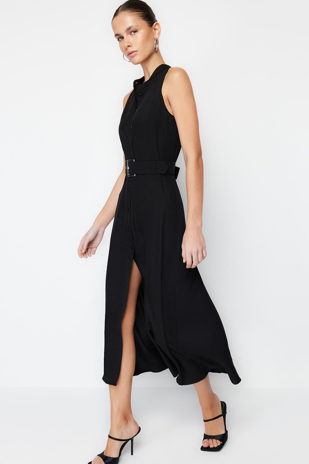 Black Belted Midi Shirt Dress, , large image number 1