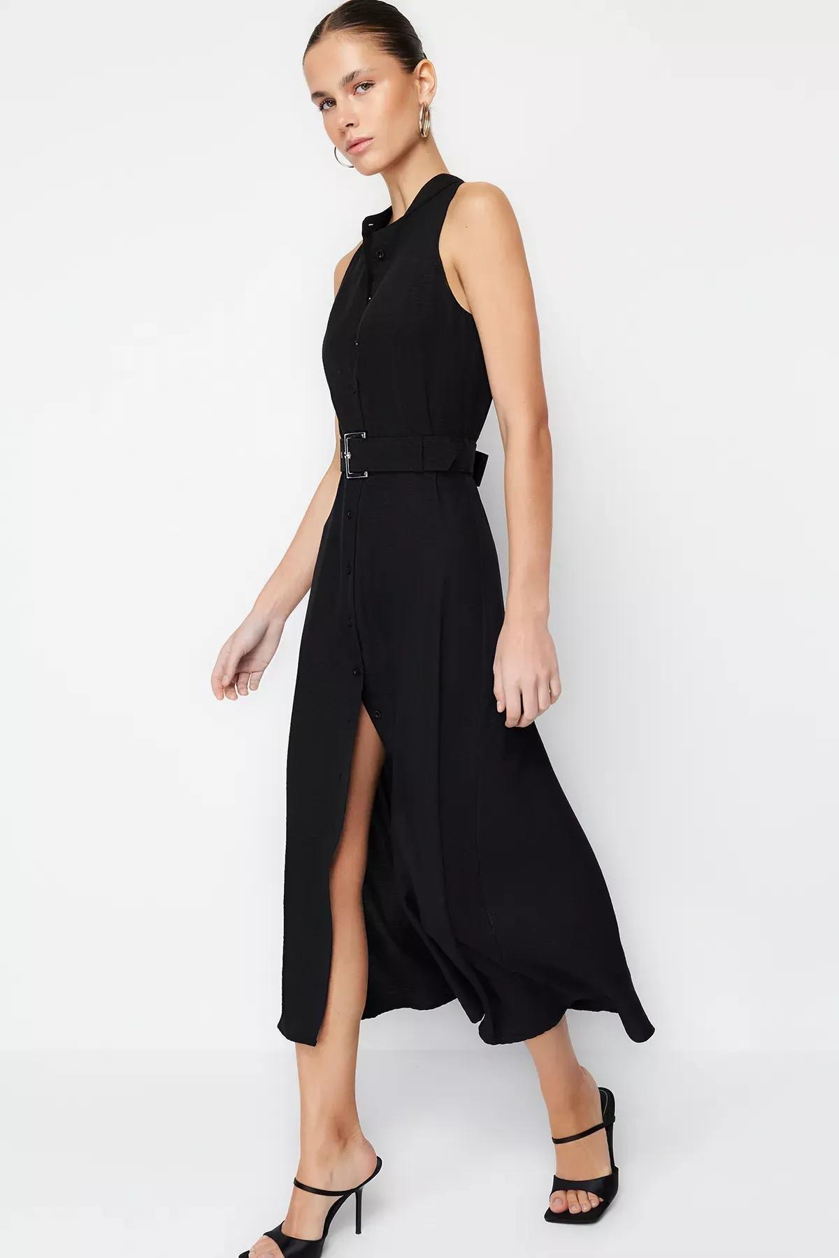 فستان بتصميم قميص متوسط الطول بحزام، أسود, BLACK, large image number 1